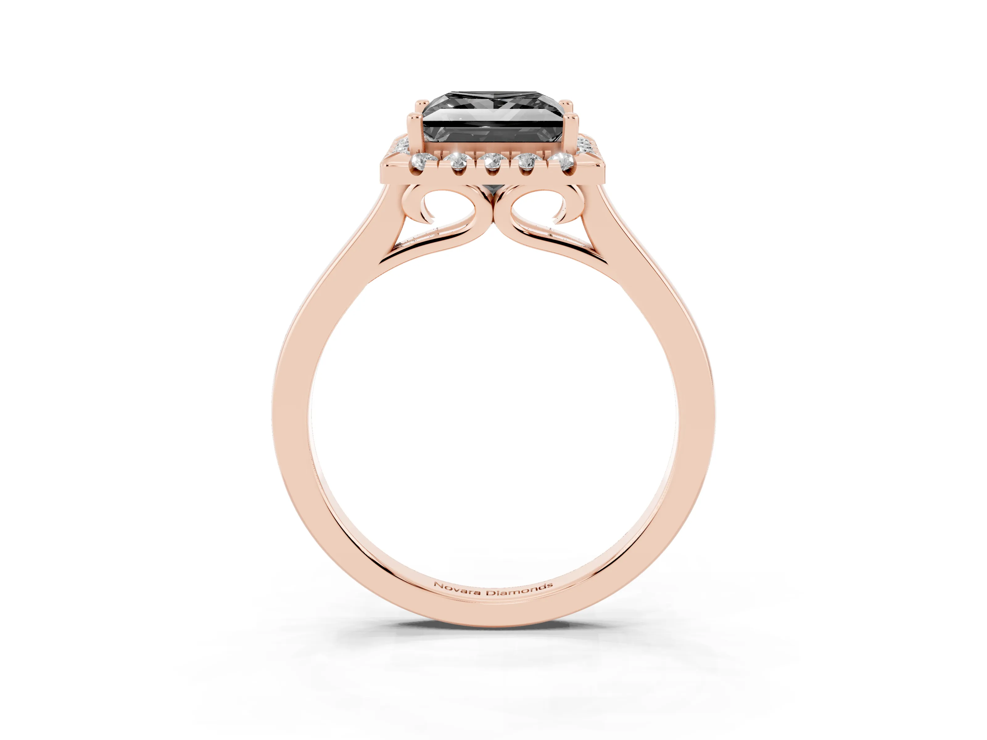 Fancy Black Princess Cut Halo Round Diamond Solitaire Ring Set in Rose gold with Pavé Band and Prong Setting