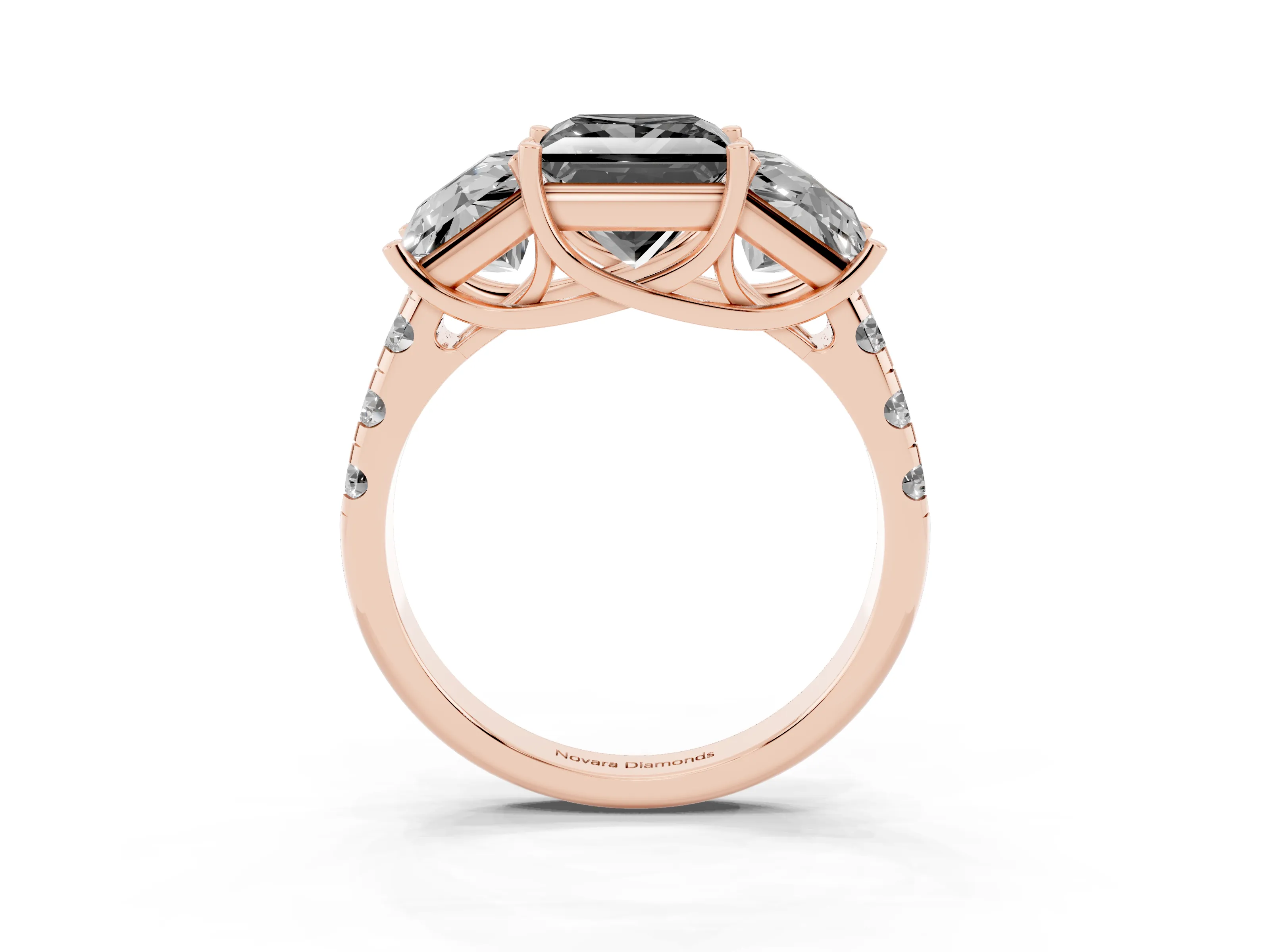 Fancy Black Princess Cut Diamond Three-Stone Ring Set in Rose gold with Pavé Band