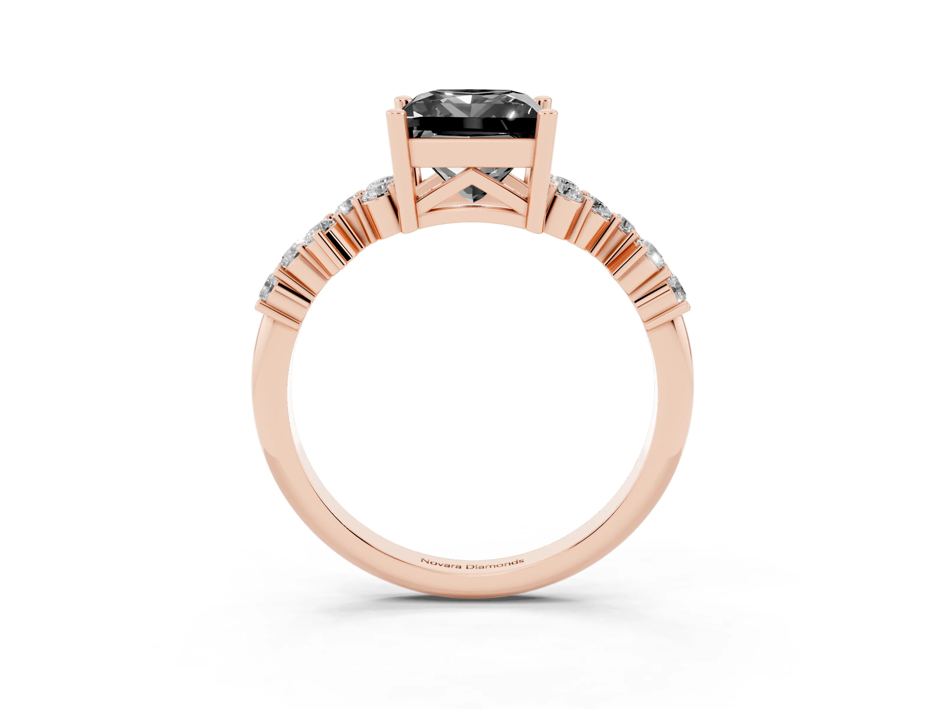 Fancy Black Princess Cut Diamond Ring Set in Rose gold with Scattered Round Accents