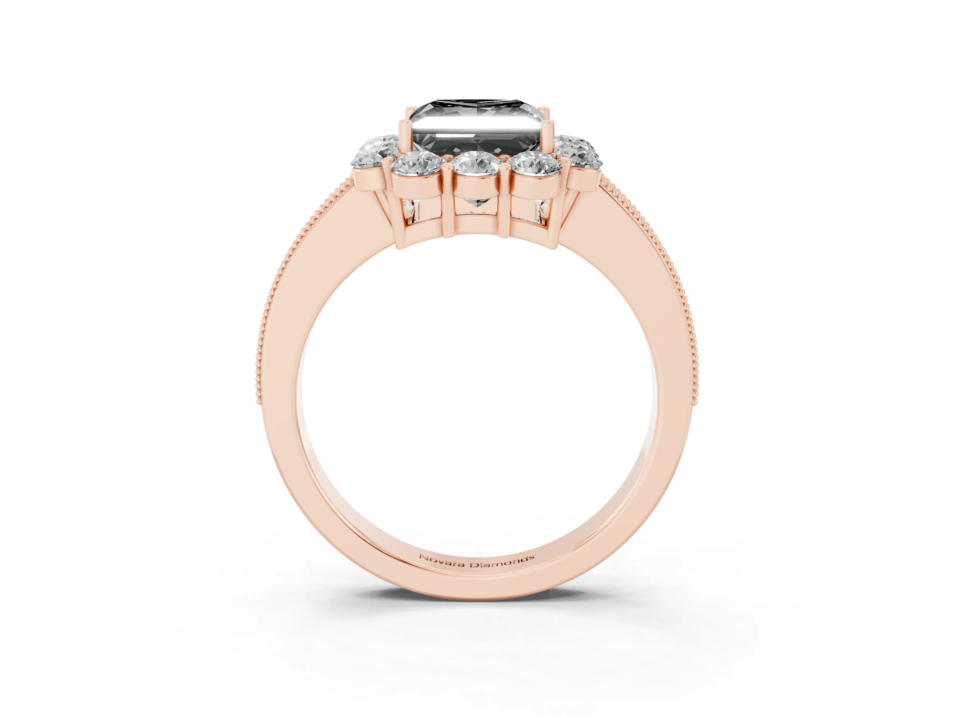 Fancy Black Princess Cut Diamond Halo Pavé Engagement Ring Set in Rose gold with Milgrain Detailing