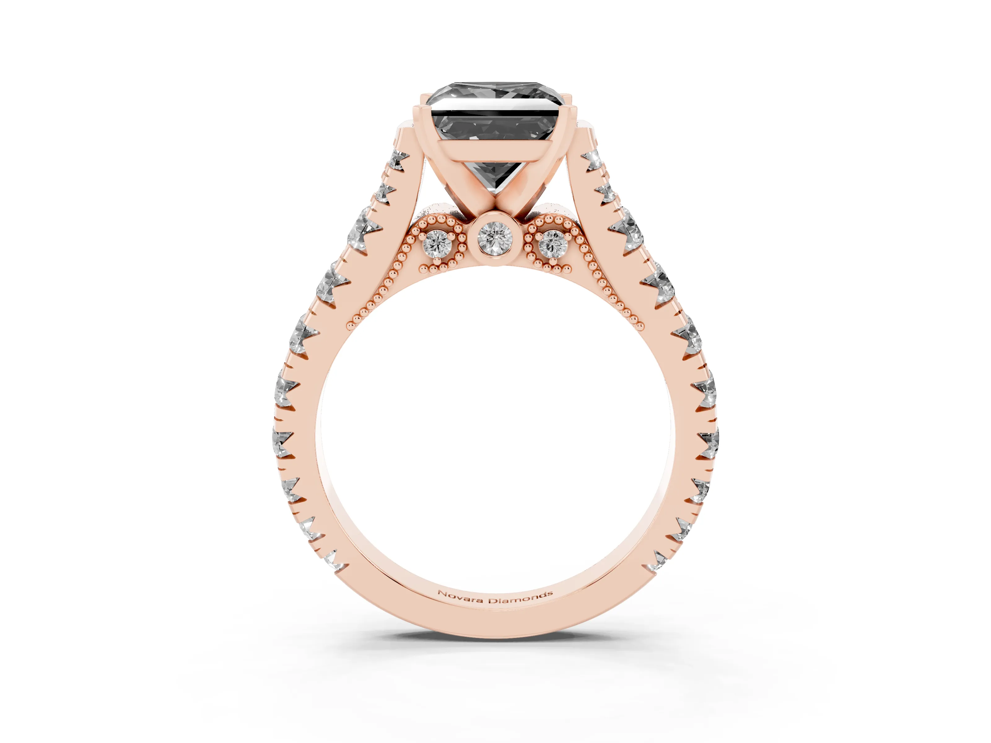 Fancy Black Princess Cut Diamond Classic Solitaire Ring Set in Rose gold with Pavé Band and Prong Setting