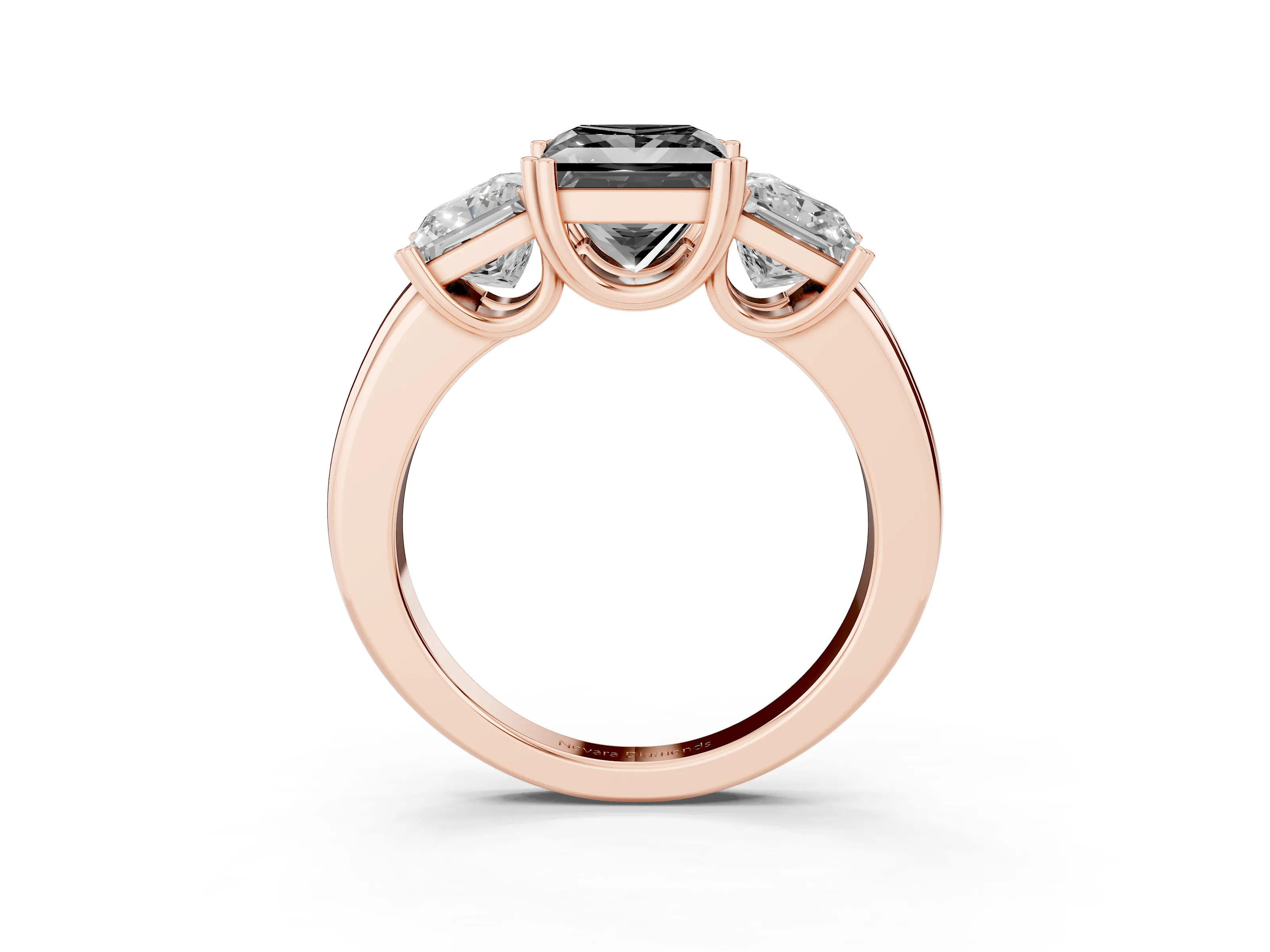 Fancy Black Princess Cut Diamond Three-Stone Ring Set in Rose gold with Polished Channel-Set Band