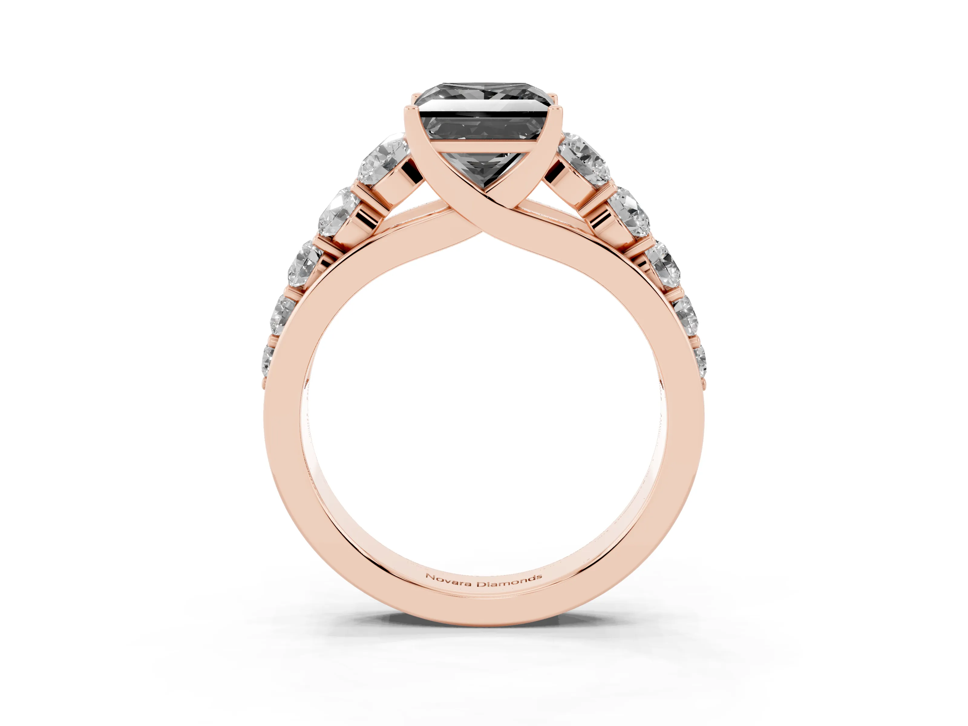 Fancy Black Princess Cut Diamond Solitaire Ring Set in Rose gold with Pavé-Set Band and Prong Setting