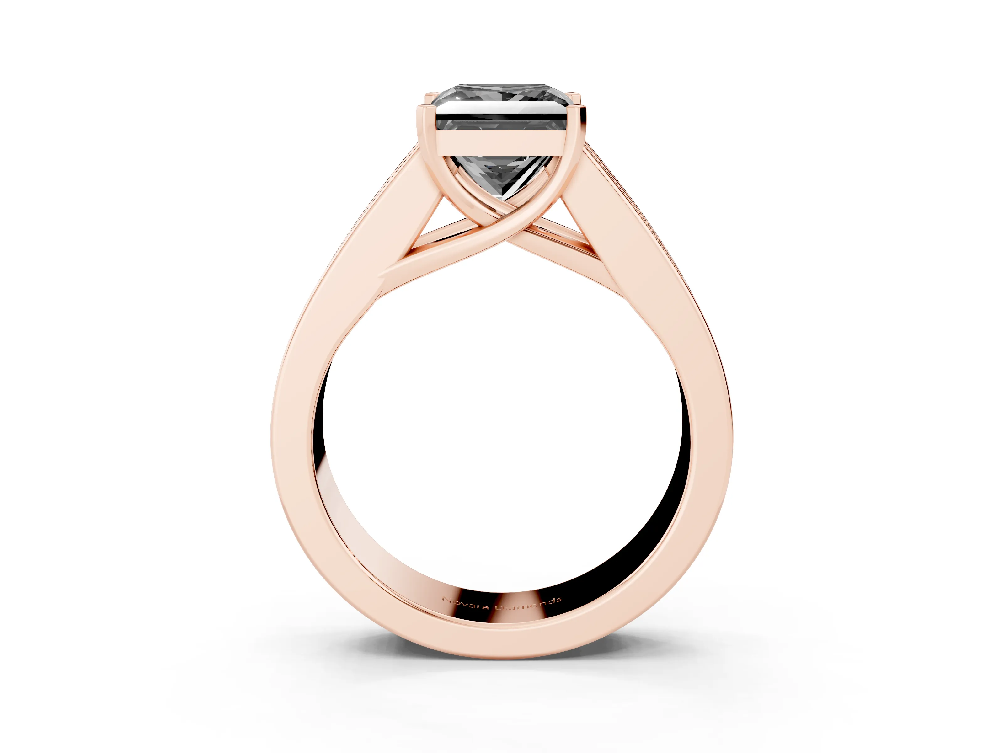 Fancy Black Princess Cut Diamond Solitaire Ring Set in Rose gold with Channel-Set Accent Stones and Prong Setting