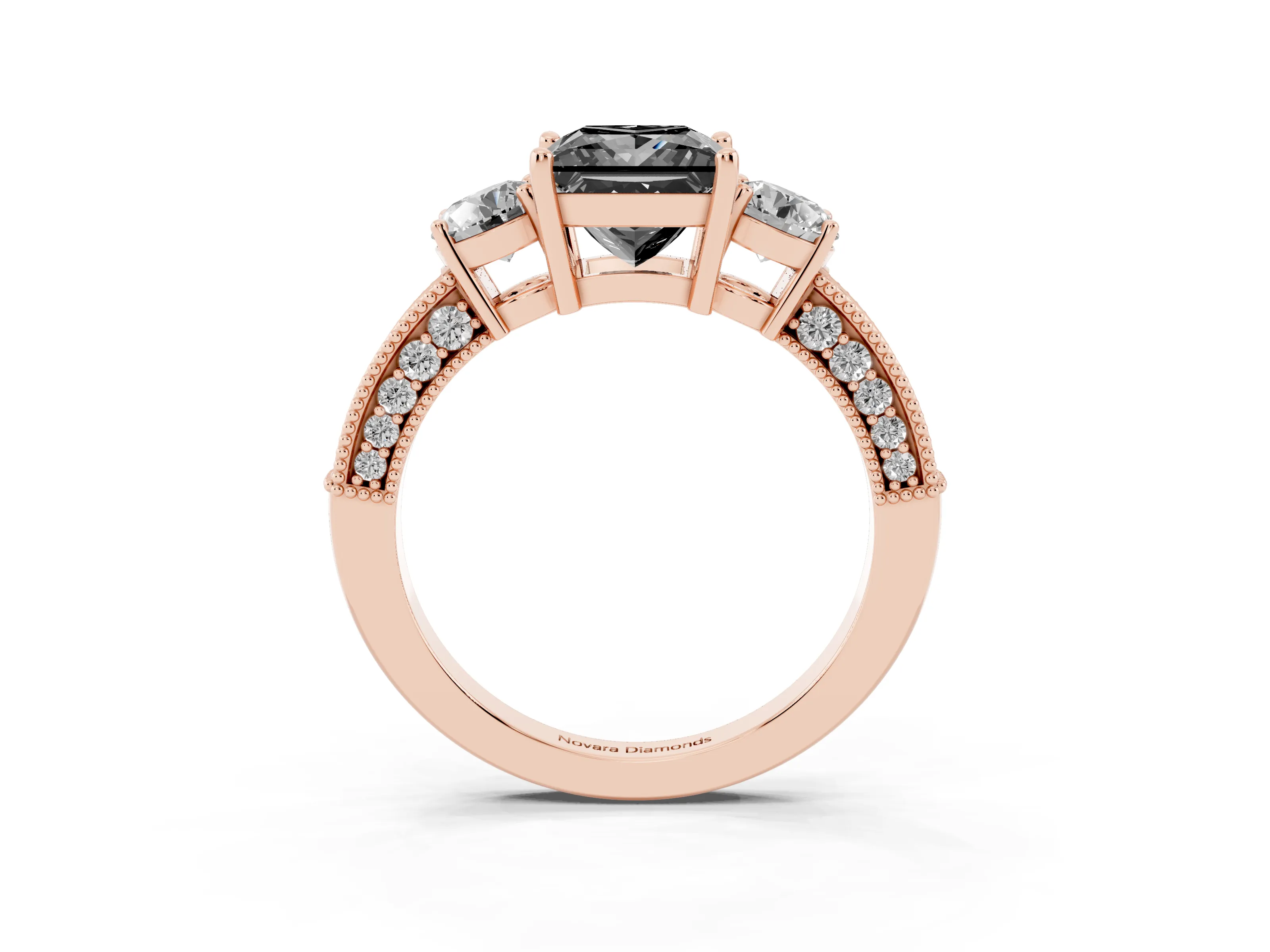 Fancy Black Princess Cut Diamond Three-Stone Ring Set in Rose gold with Round Side Stones and Pavé Band