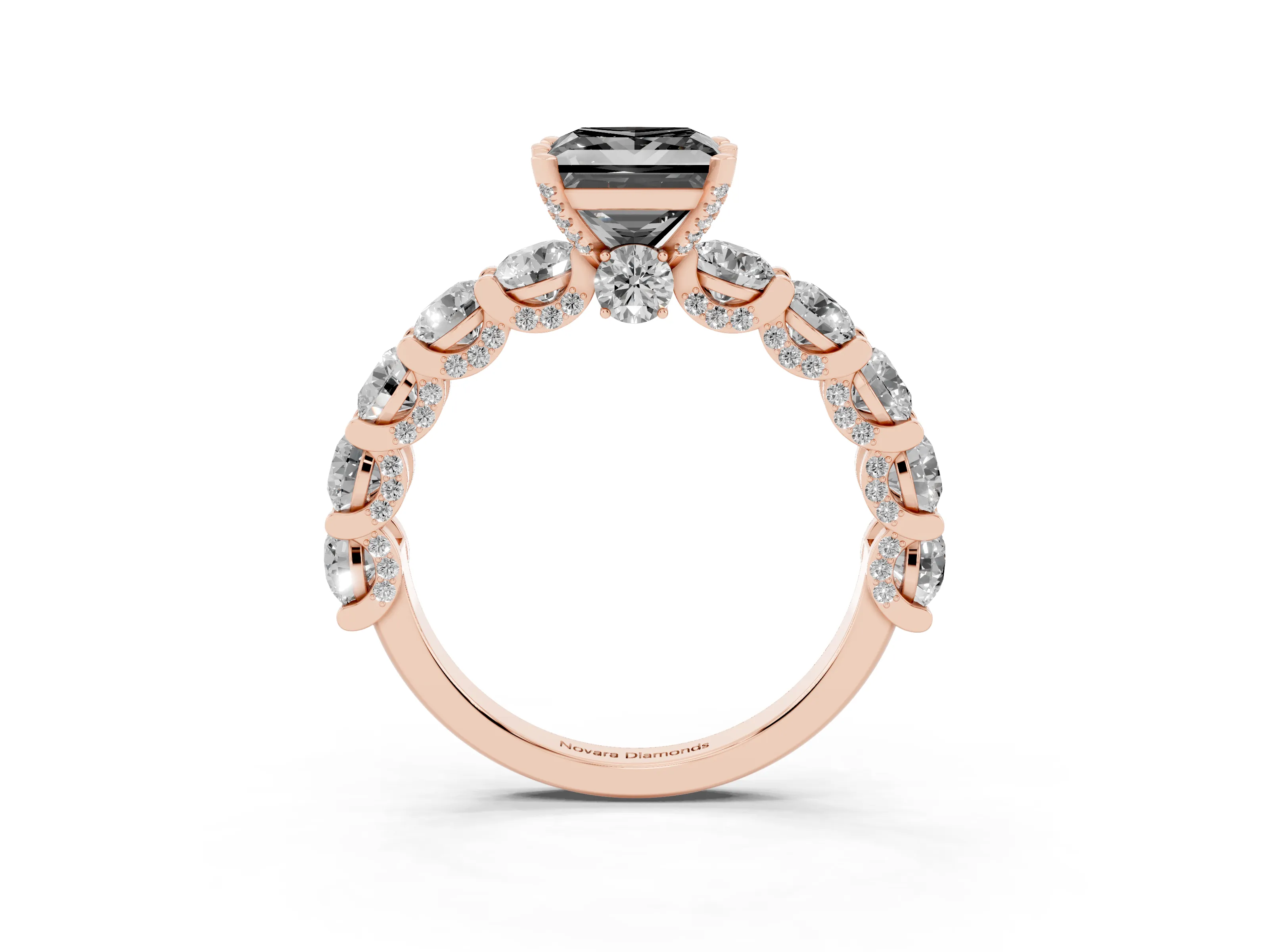 Fancy Black Princess Cut Diamond Side Stone Ring Set in Rose gold with Alternating Round and Oval Side Stones