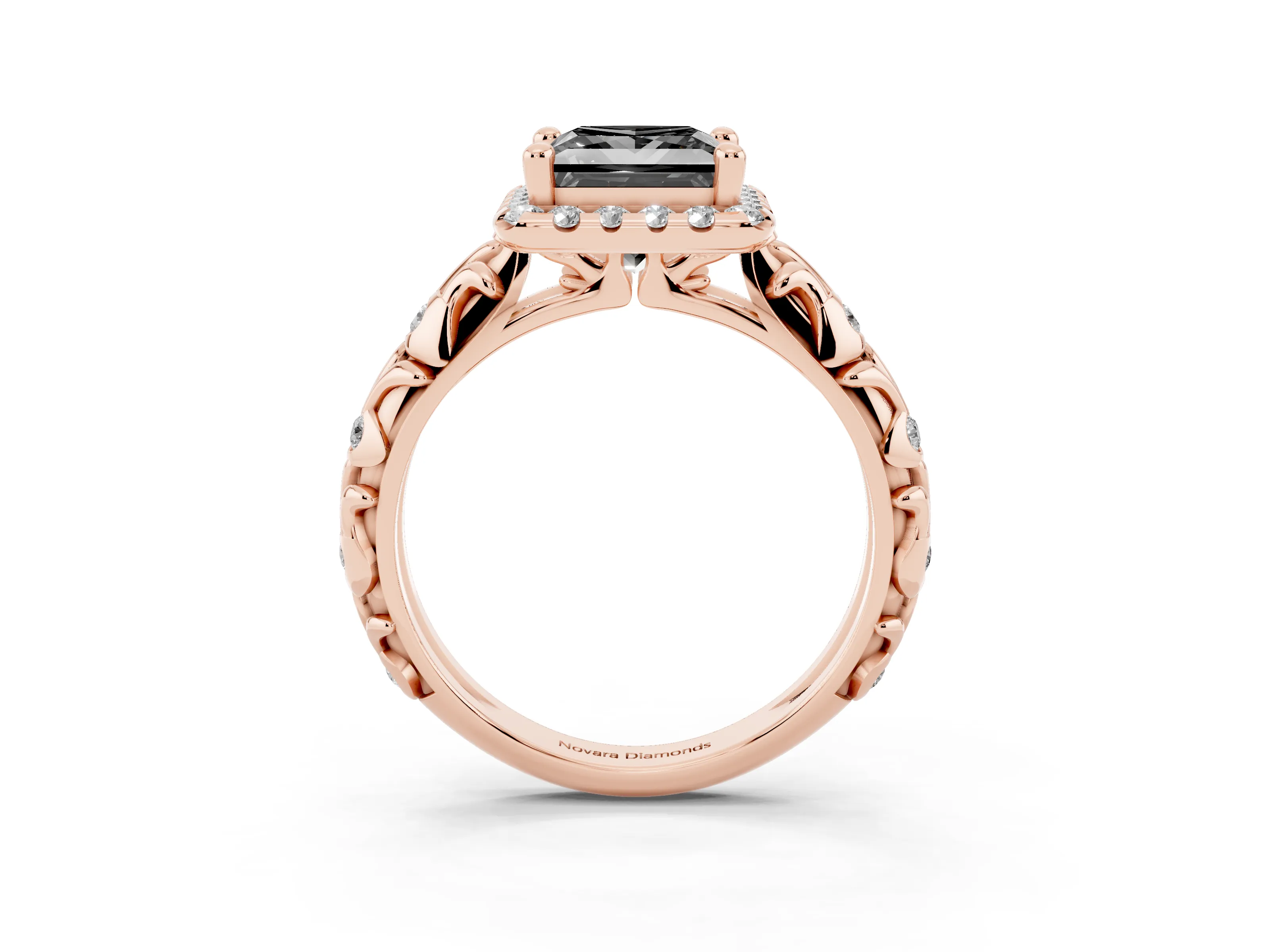Fancy Black Princess Cut Diamond Halo Ring Set in Rose gold with Filigree Leaf Band and Prong Setting