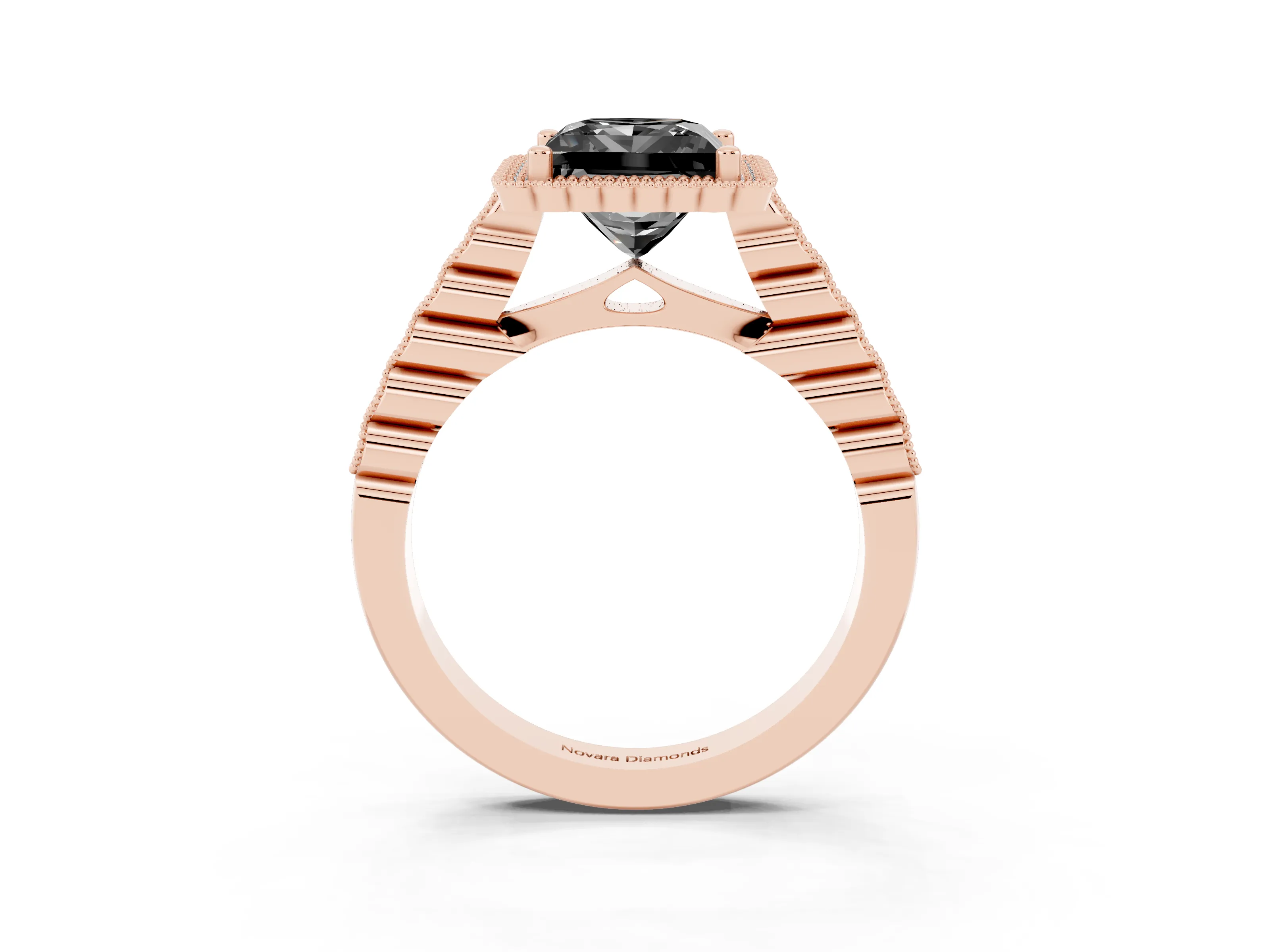 Fancy Black Princess Cut Diamond Halo Ring Set in Rose gold with Pavé Milgrain Band