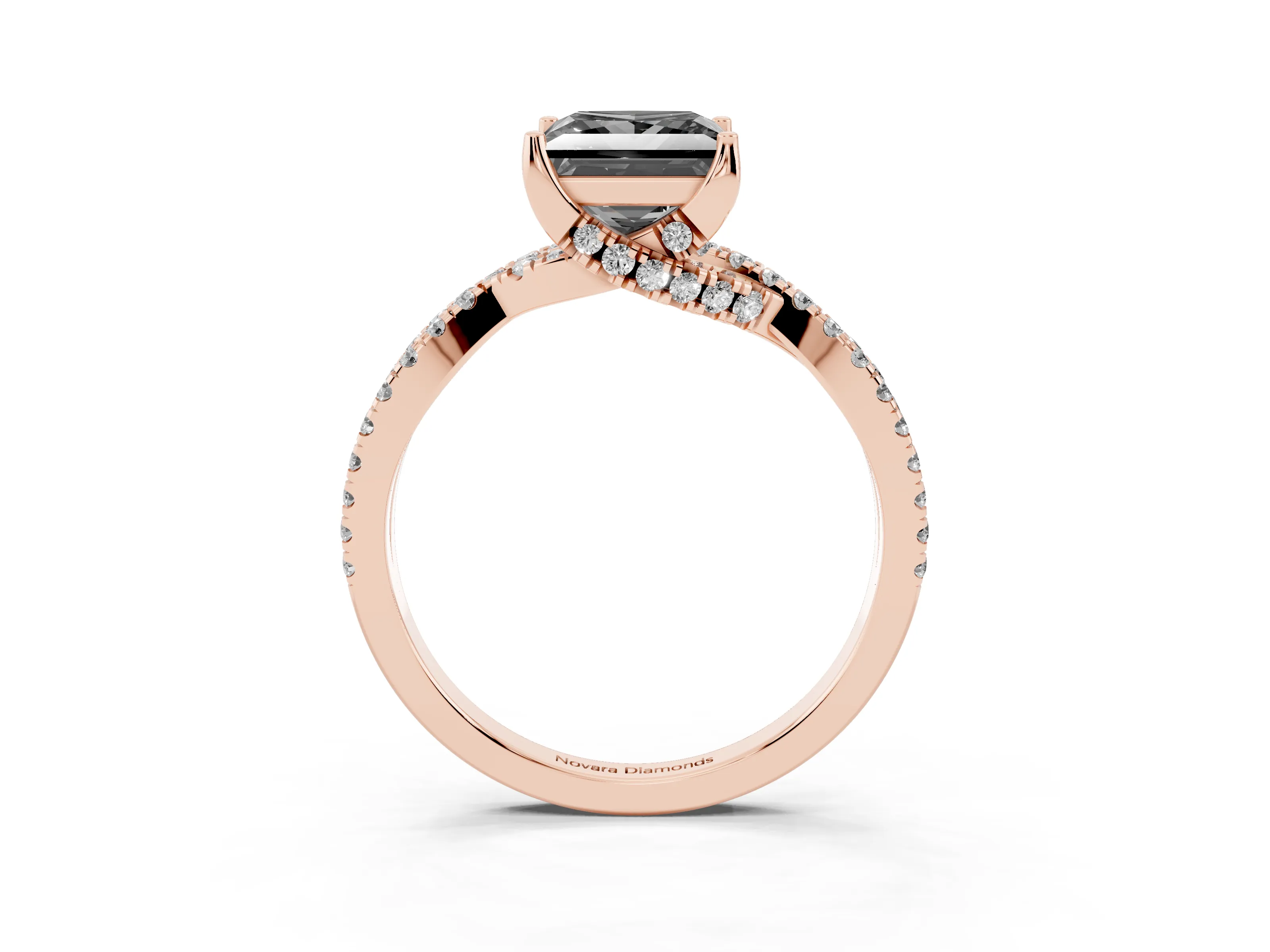 Fancy Black Princess Cut Diamond Twist Pavé Solitaire Engagement Ring Set in Rose gold with Prong Setting
