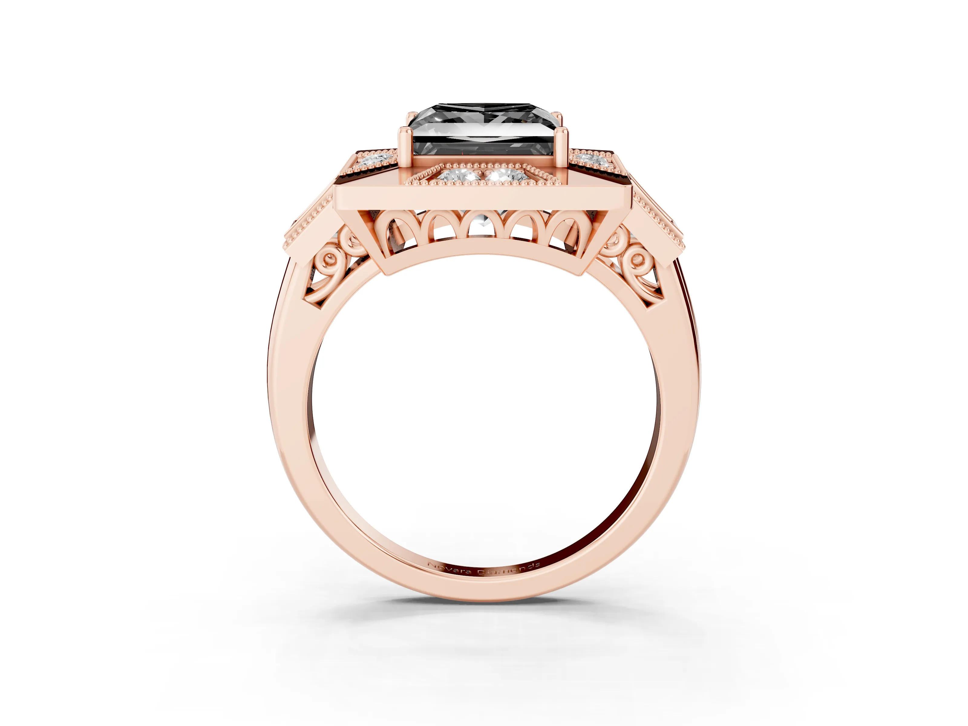Fancy Black Princess Cut Diamond Milgrain Halo Ring Set in Rose gold with Split Shank