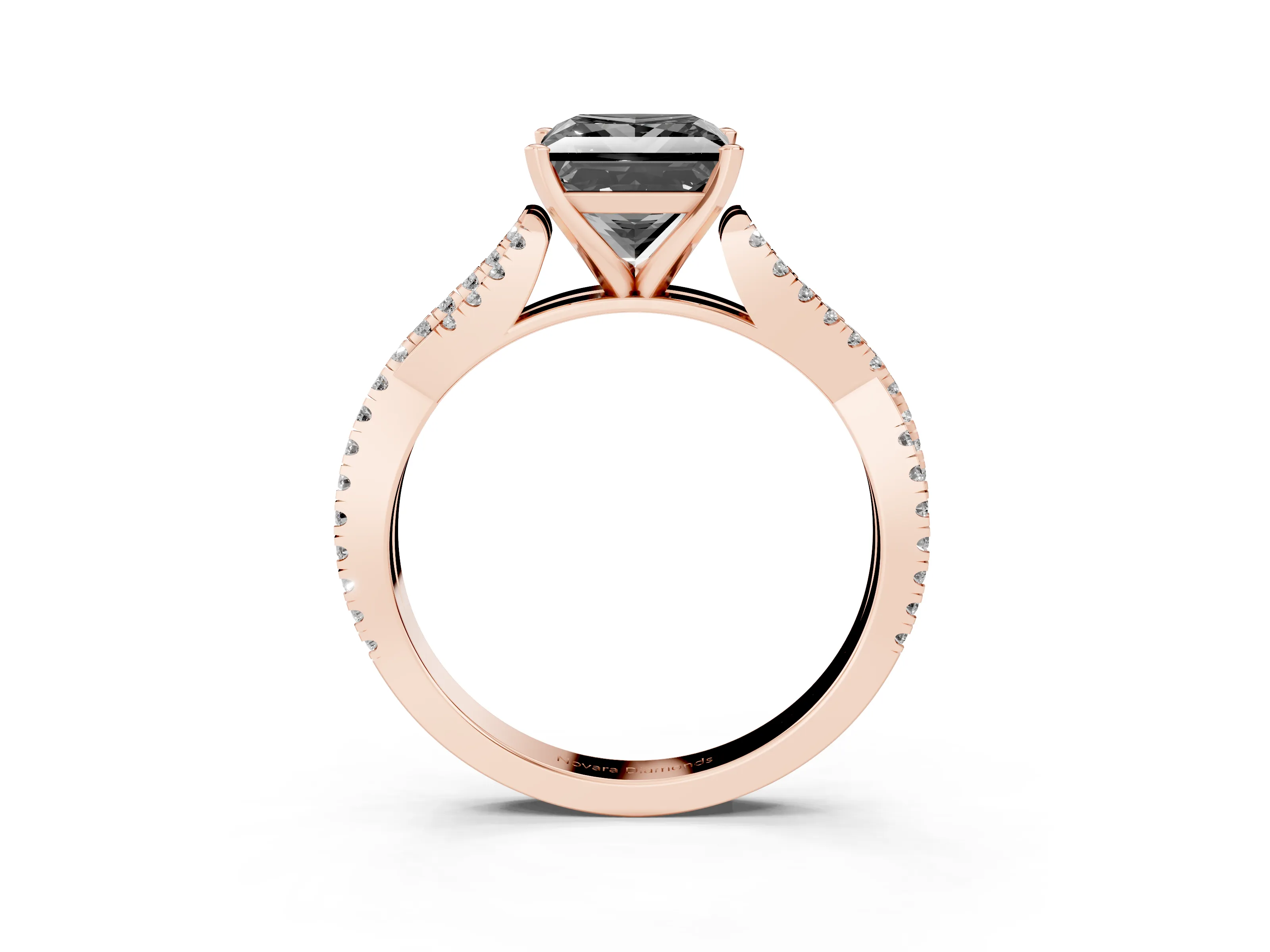 Fancy Black Princess Cut Diamond Solitaire Engagement Ring Set in Rose gold with Twisted Pavé Band and Prong Setting