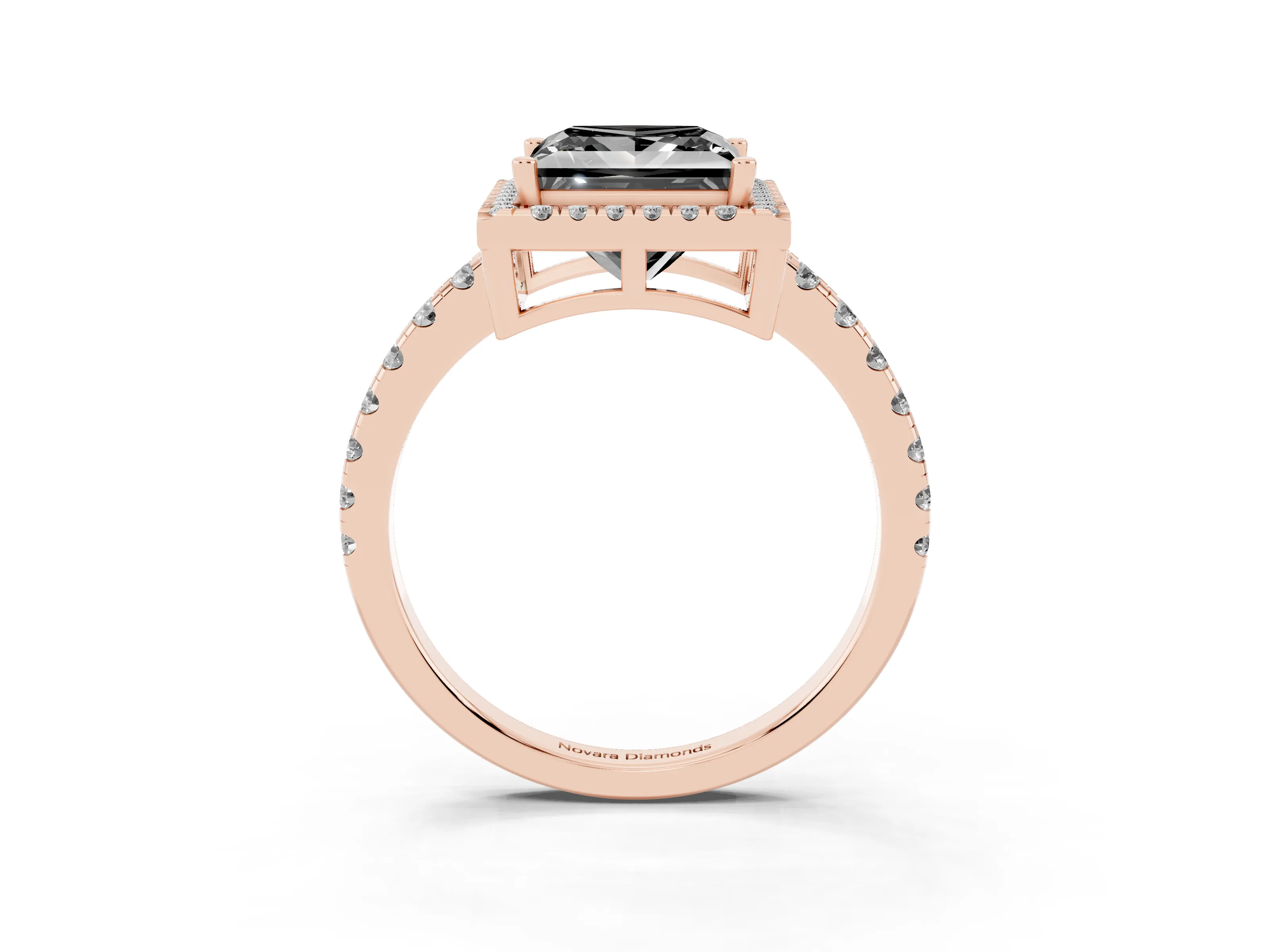 Fancy Black Princess Cut Diamond Halo Ring Set in Rose gold with Delicate Pavé Band and Prong Setting