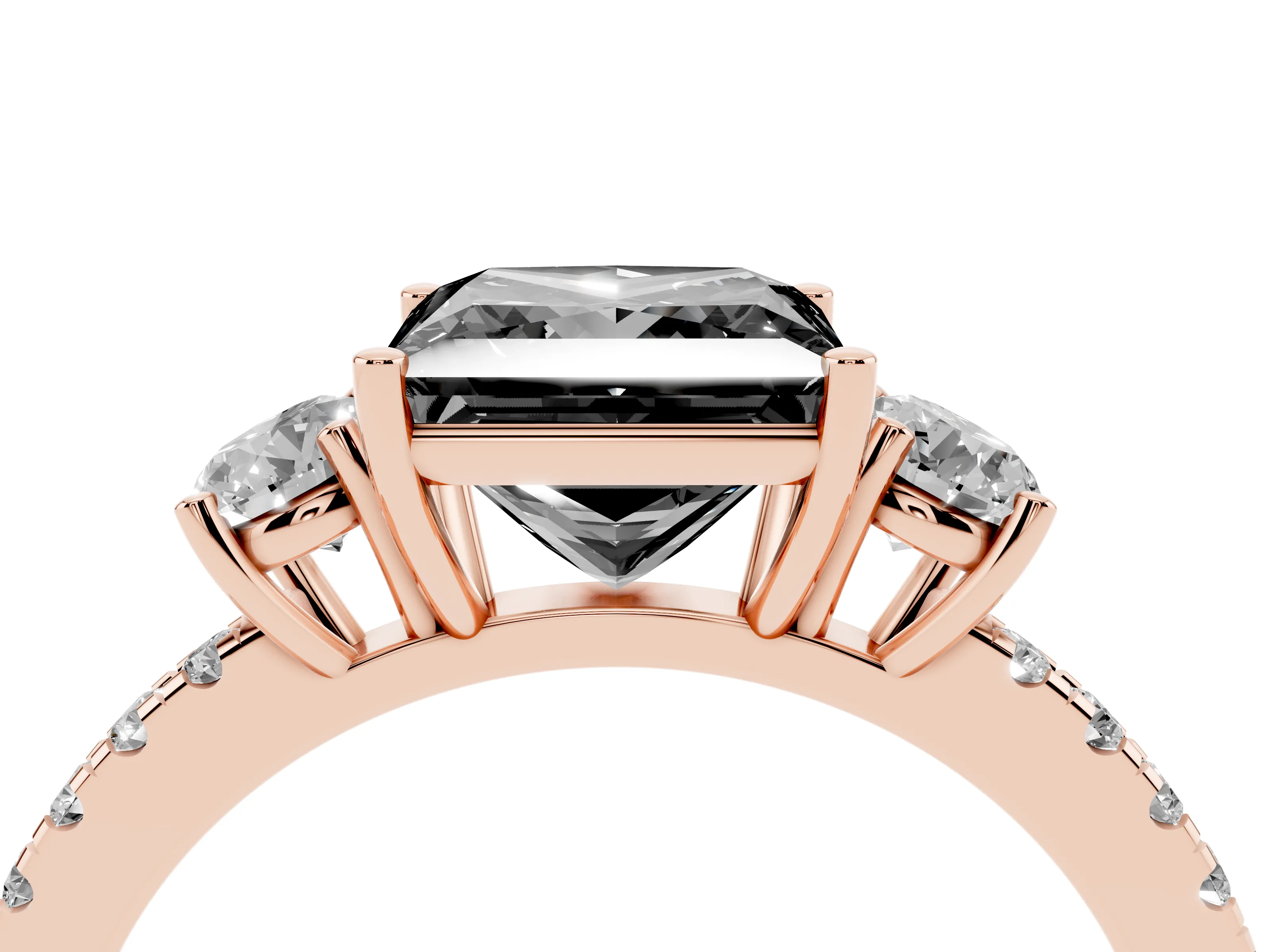 Fancy Black Princess Cut Diamond Three-Stone Ring Set in Rose gold with Pavé Band and Graduated Sides