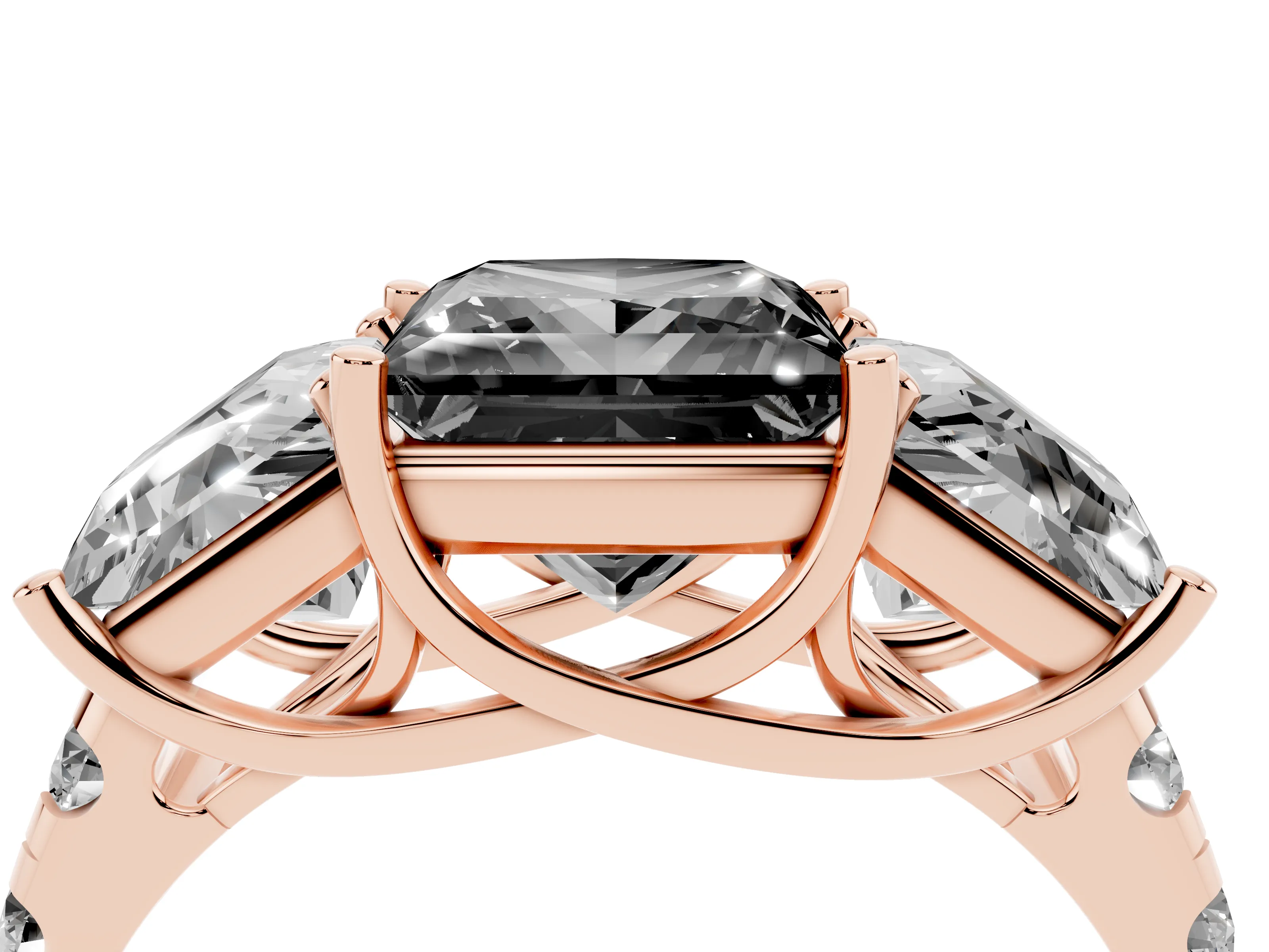 Fancy Black Princess Cut Diamond Three-Stone Ring Set in Rose gold with Pavé Band