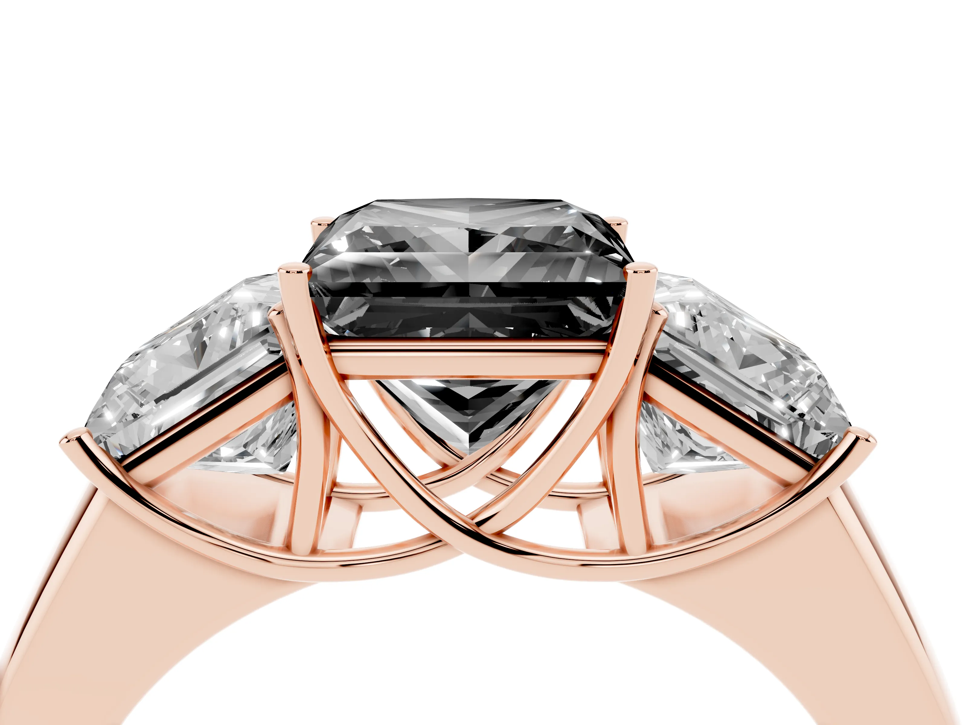 Fancy Black Three-Stone Princess Cut Diamond Ring Set in Rose gold with Matching Prong Settings and Plain Band