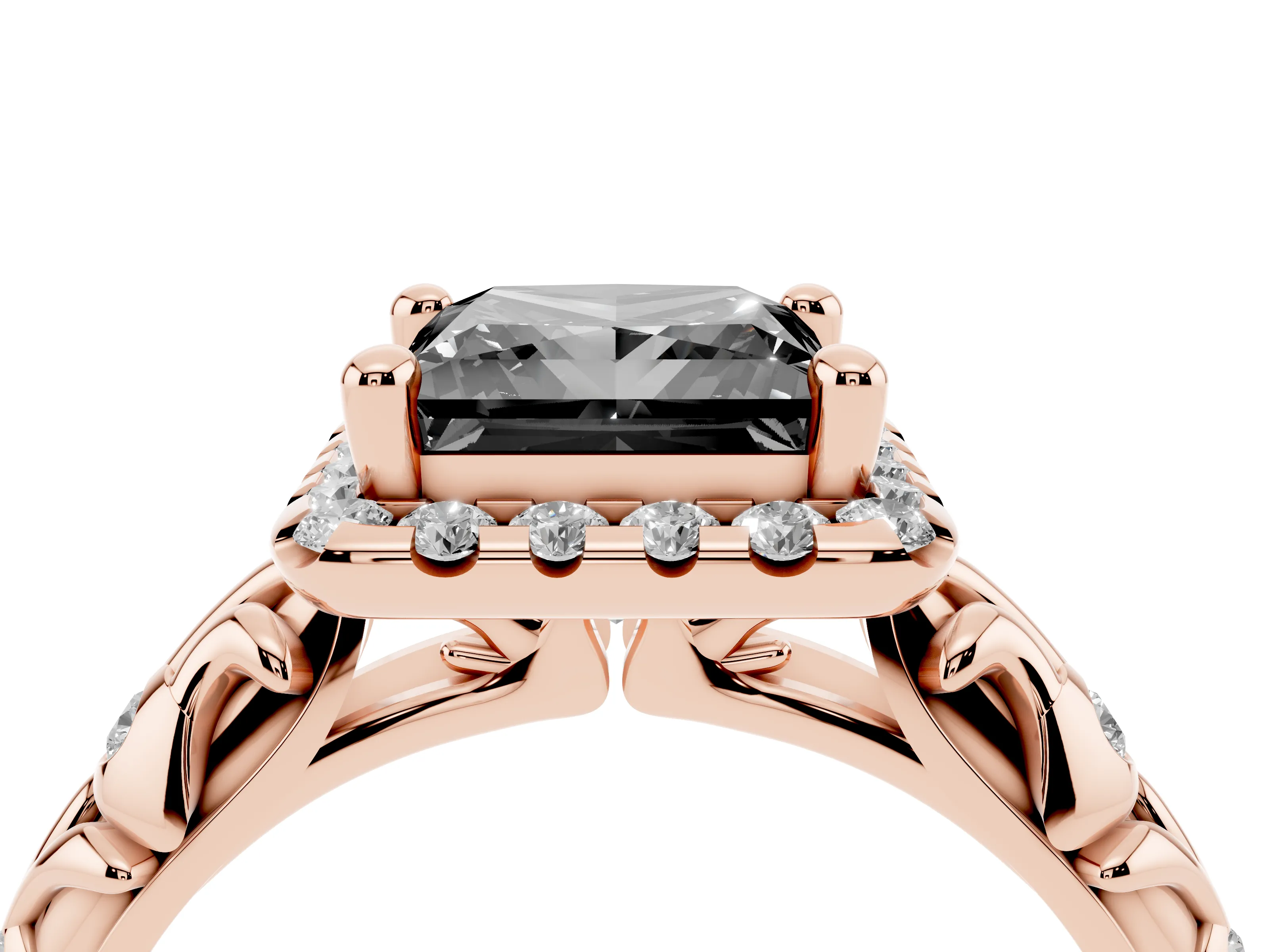 Fancy Black Princess Cut Diamond Halo Ring Set in Rose gold with Filigree Leaf Band and Prong Setting