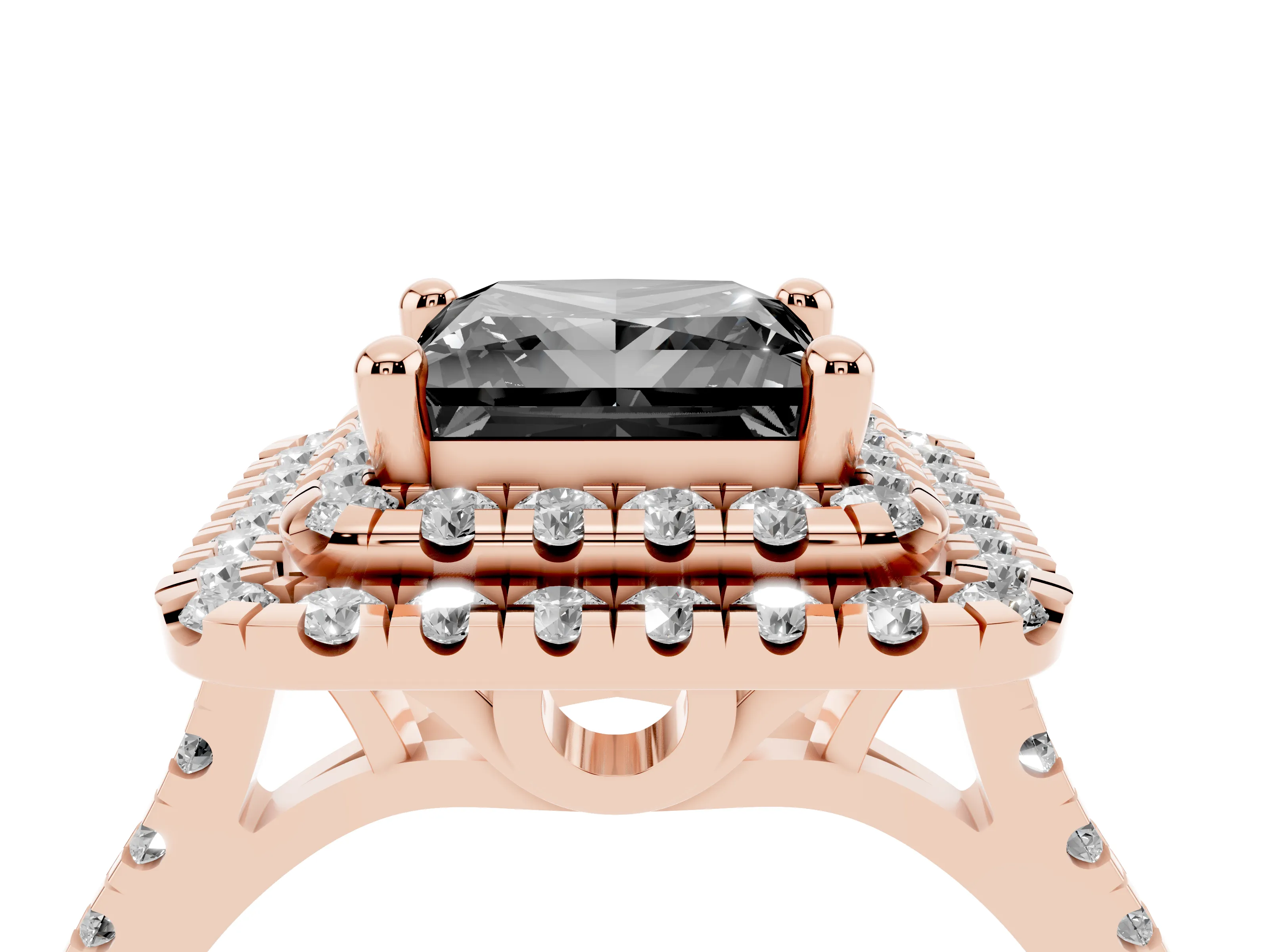 Fancy Black Princess Cut Diamond Double Halo Statement Ring Set in Rose gold with Pavé Band