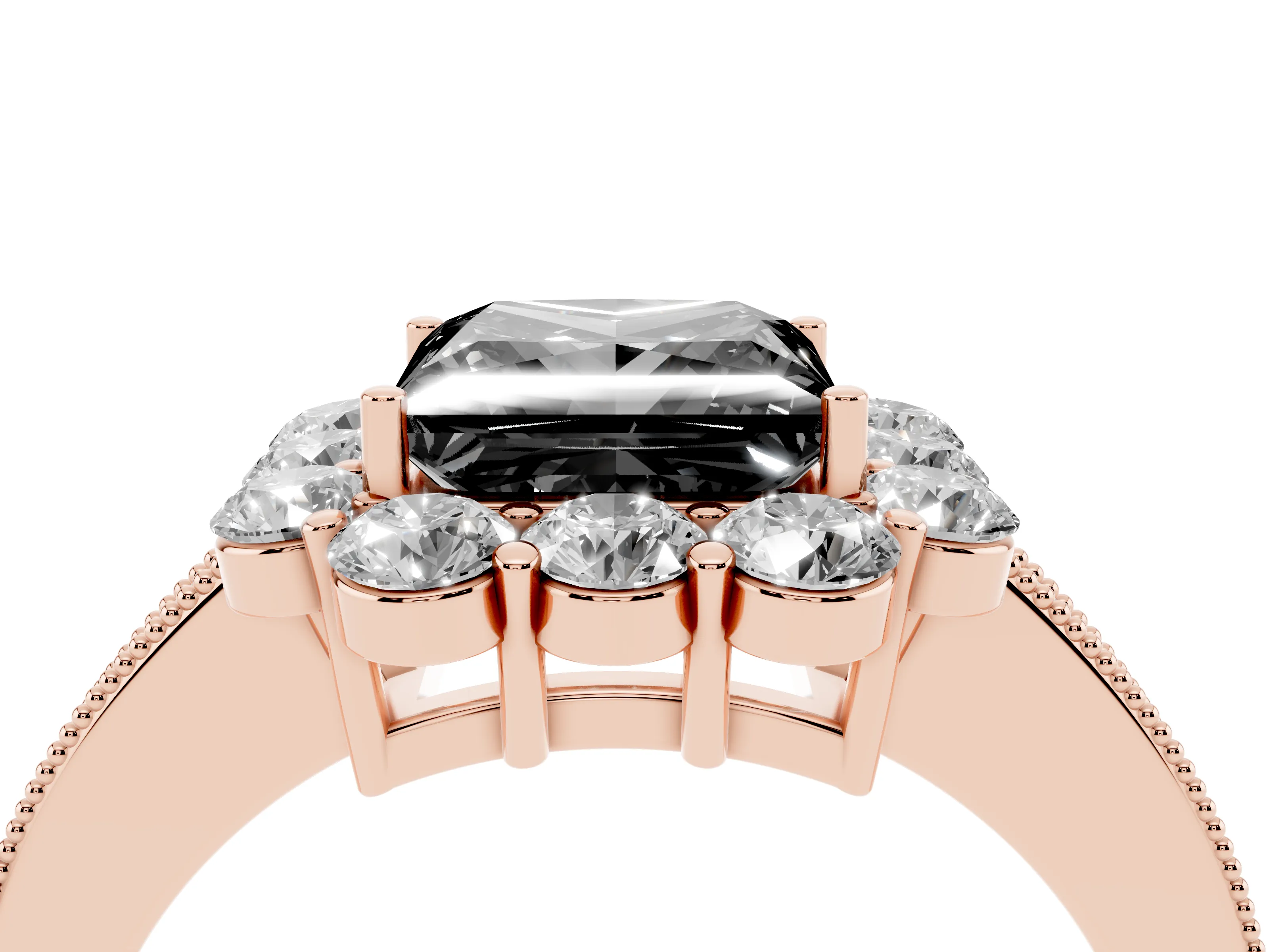 Fancy Black Princess Cut Diamond Halo Pavé Engagement Ring Set in Rose gold with Milgrain Detailing