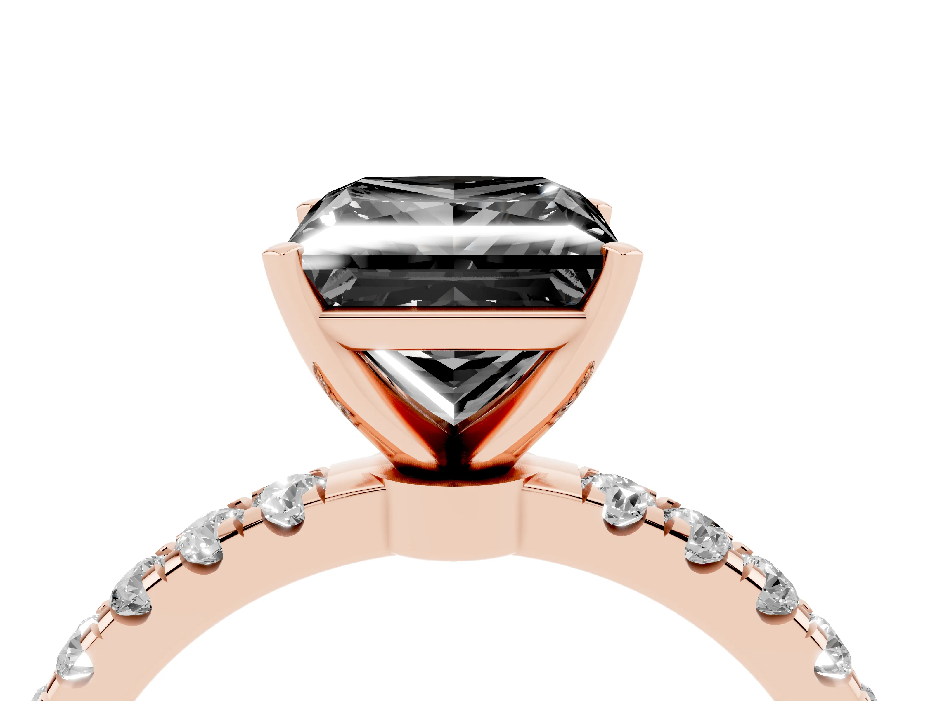 Fancy Black Princess Cut Diamond Solitaire Ring Set in Rose gold with Pavé Accents and Prong Setting