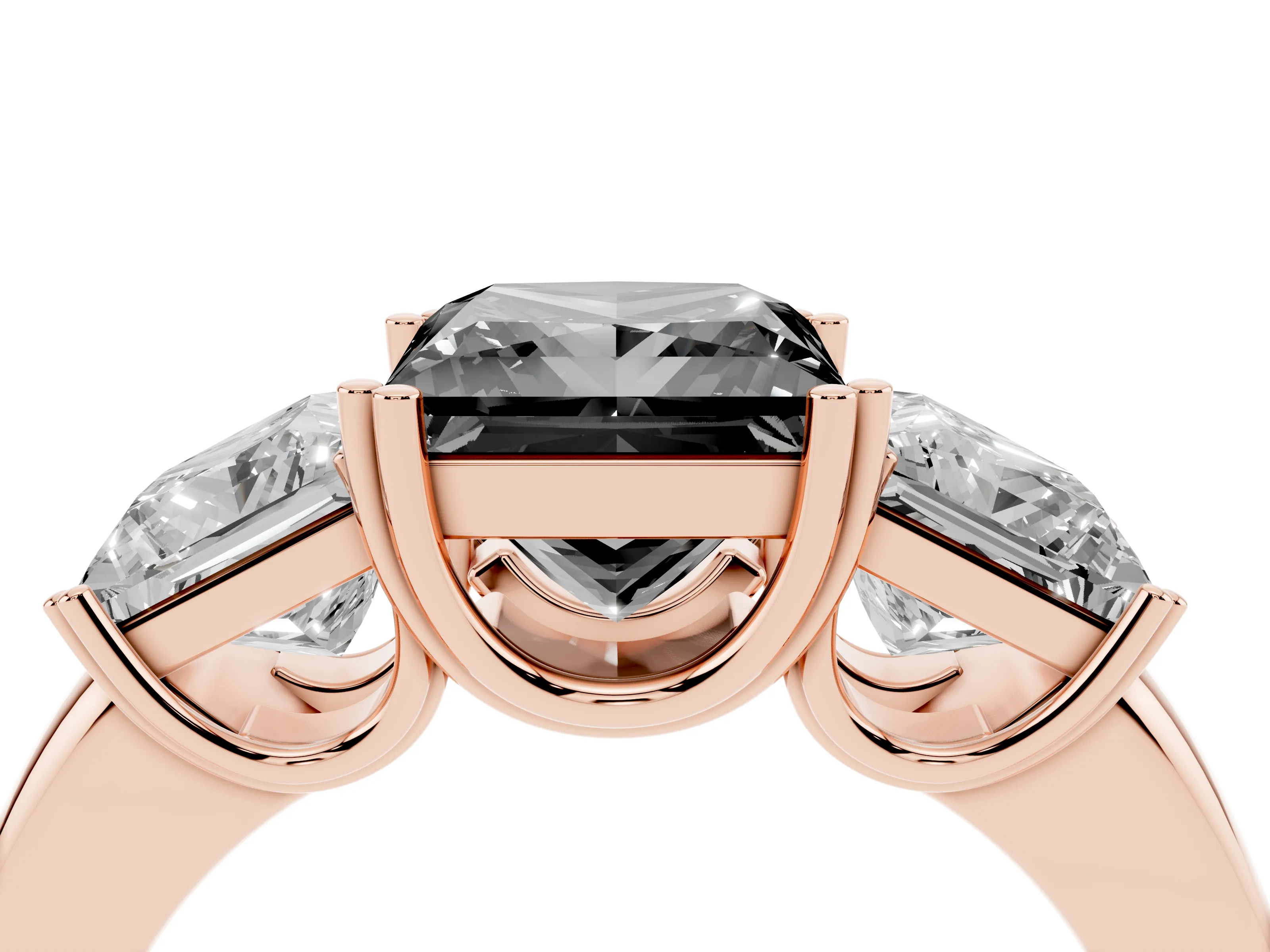 Fancy Black Princess Cut Diamond Three-Stone Ring Set in Rose gold with Polished Channel-Set Band