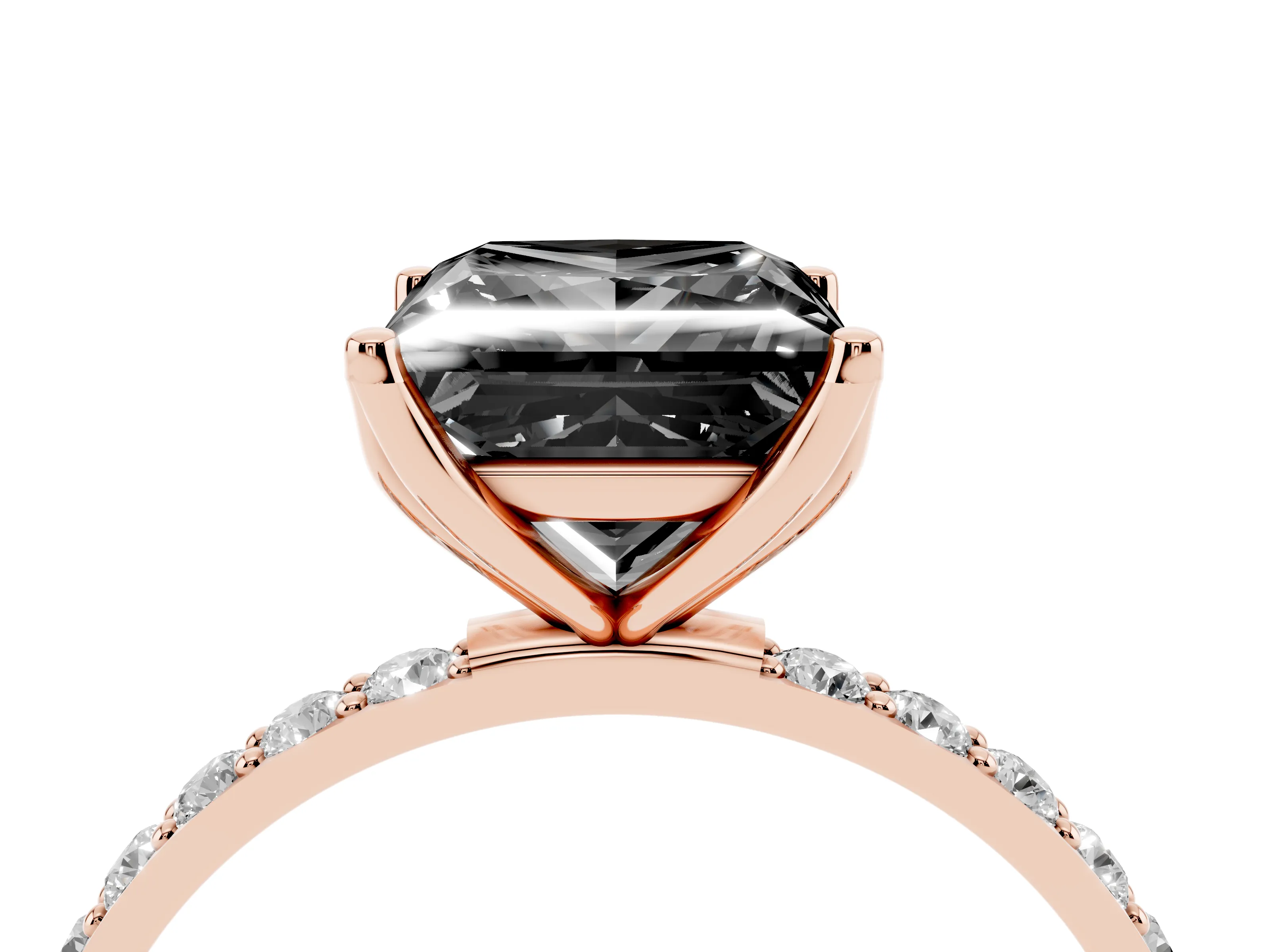 Fancy Black Princess Cut Diamond Solitaire Engagement Ring Set in Rose gold with Round Pavé Band and Prong Setting