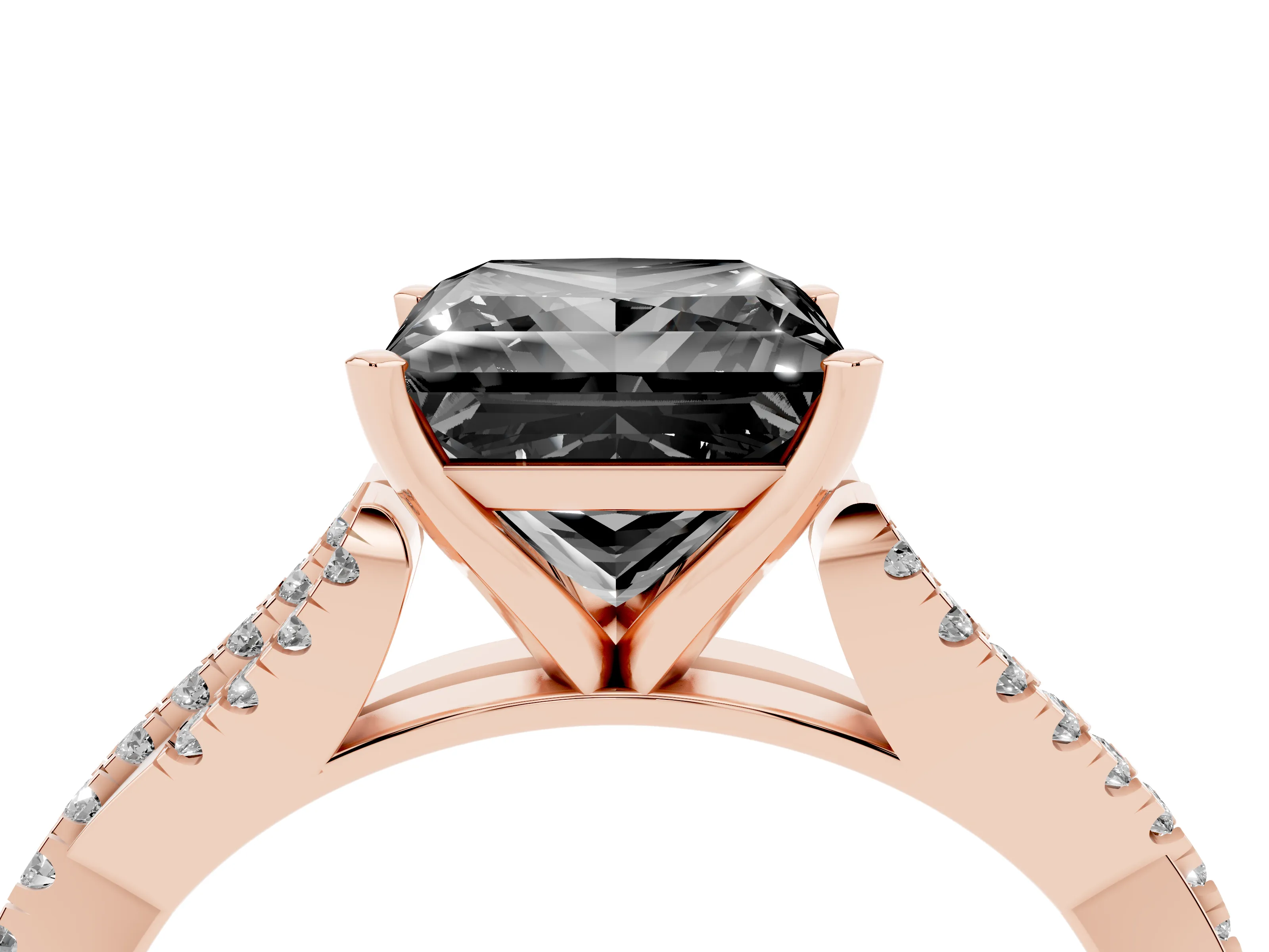 Fancy Black Princess Cut Diamond Solitaire Engagement Ring Set in Rose gold with Twisted Pavé Band and Prong Setting