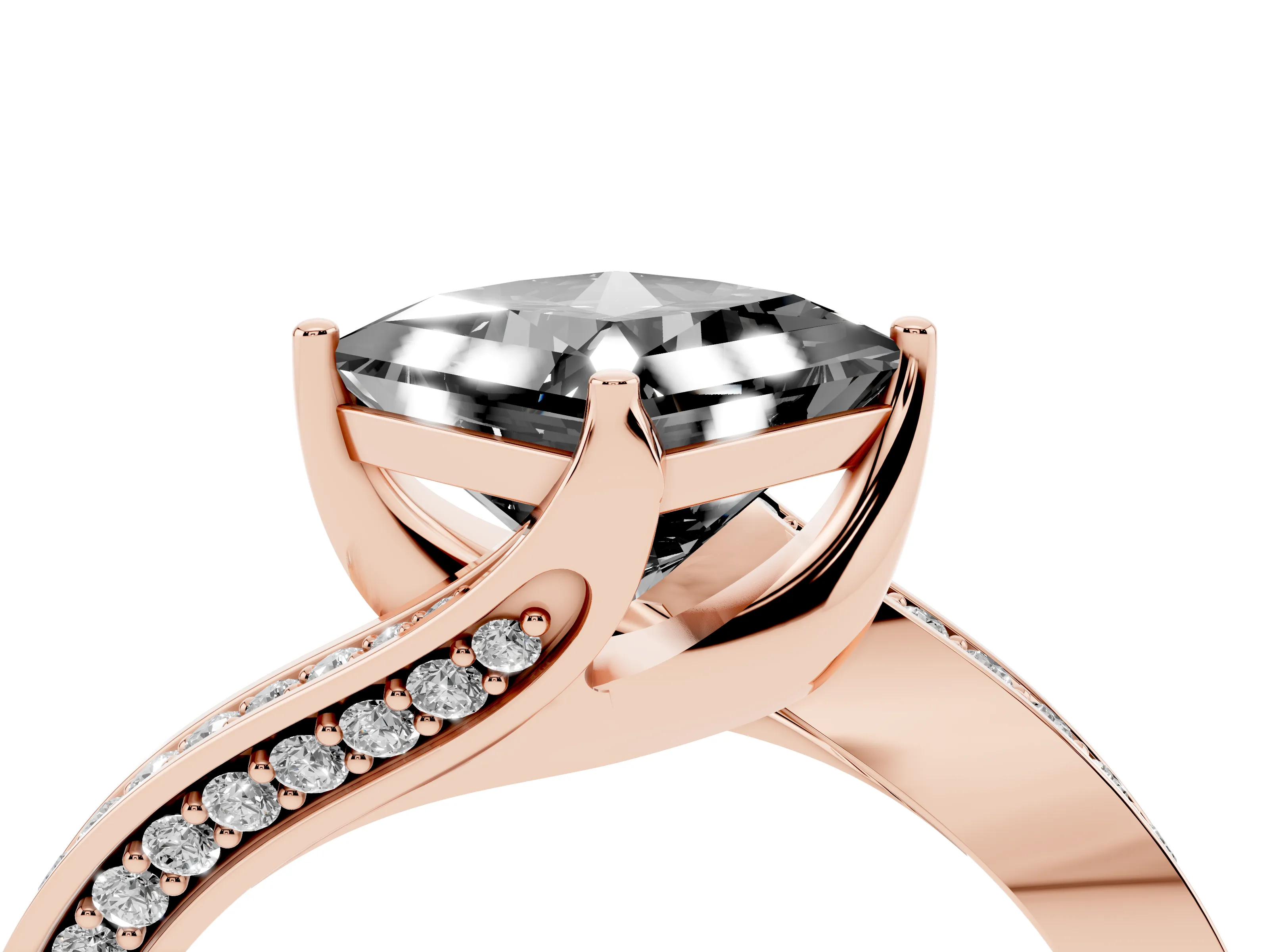 Fancy Black Princess Cut Diamond Solitaire Ring Set in Rose gold with Intertwined Pavé Twist Band