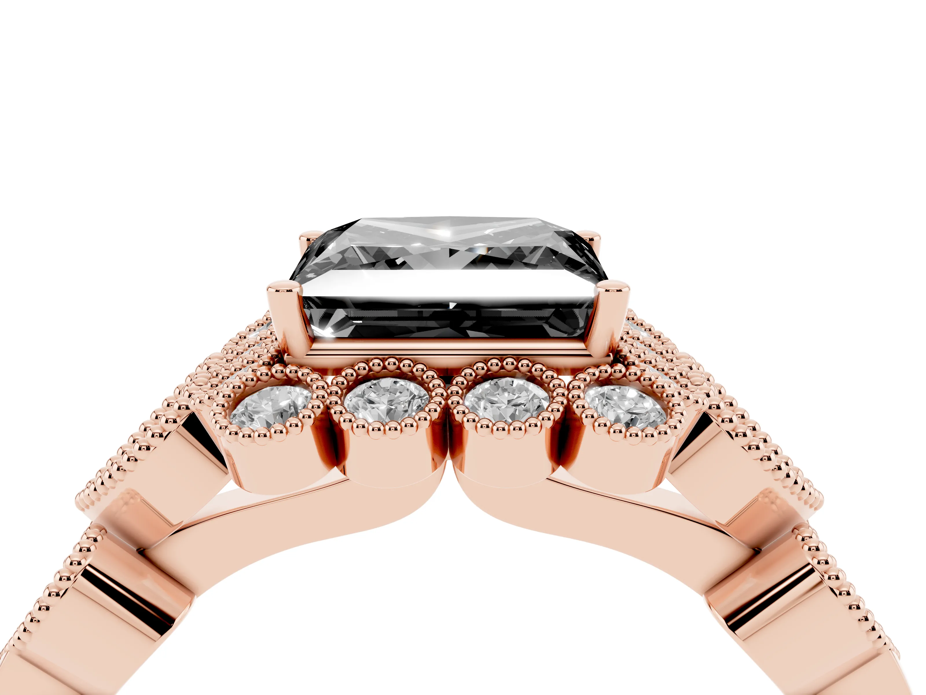 Fancy Black Princess Cut Diamond Solitaire Ring Set in Rose gold with Milgrain Pavé Heart Band