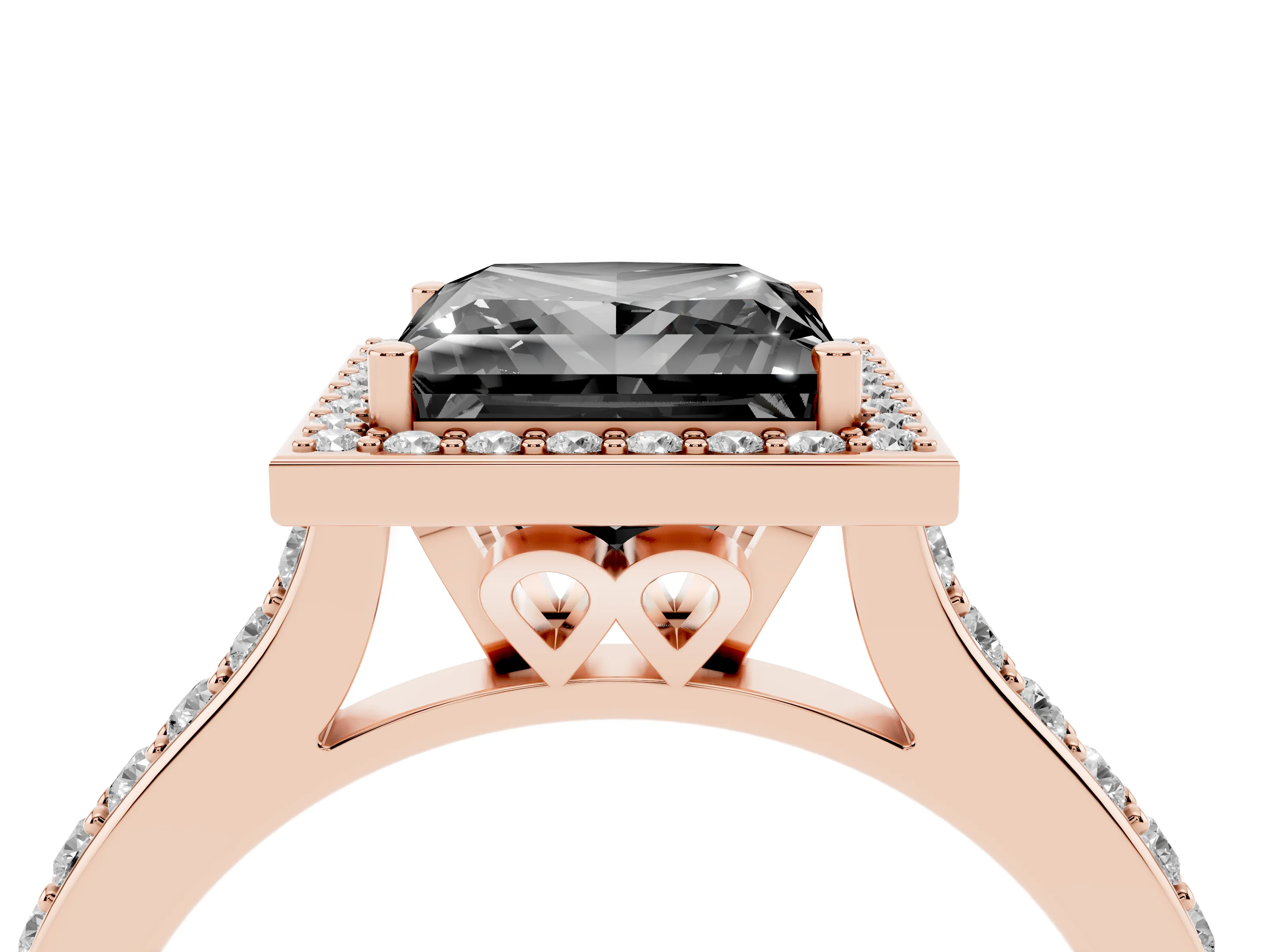 Fancy Black Princess Cut Diamond Halo Engagement Ring Set in Rose gold with Round Pavé Shoulders and Heart Gallery