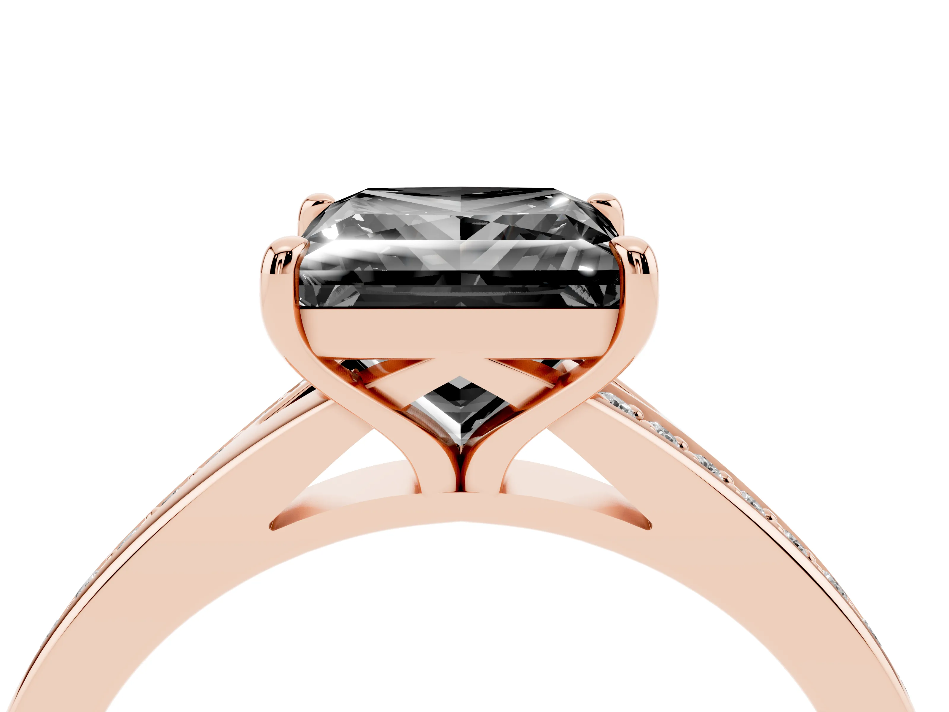 Fancy Black Princess Cut Diamond Solitaire Ring Set in Rose gold with Pavé Accent Band and Classic Prong Setting