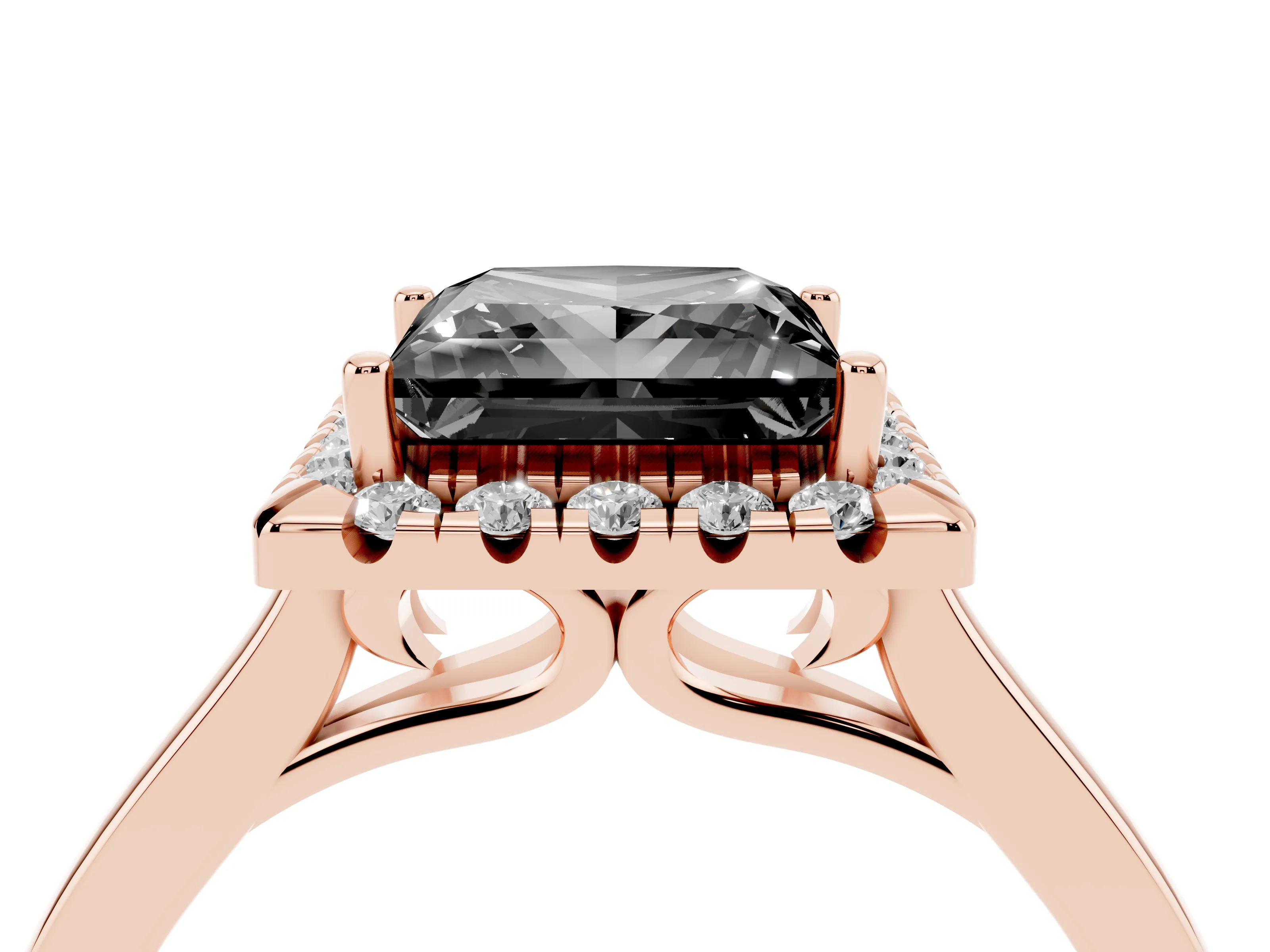 Fancy Black Princess Cut Halo Round Diamond Solitaire Ring Set in Rose gold with Pavé Band and Prong Setting
