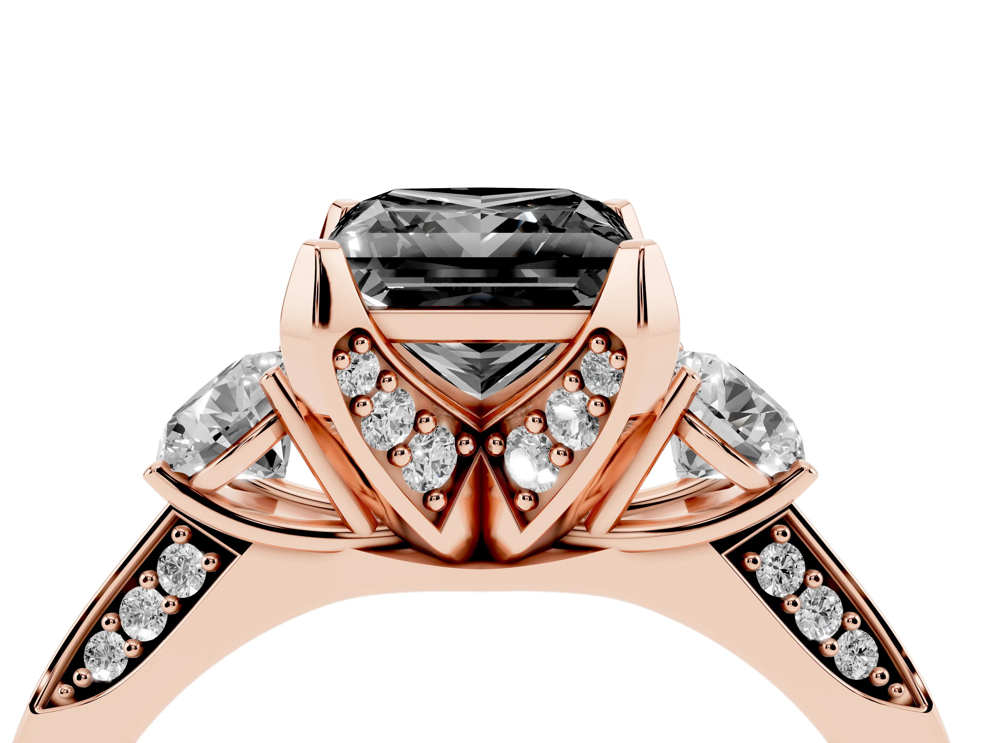 Fancy Black Princess Cut Diamond Three-Stone Ring Set in Rose gold with Pavé Band and Smaller Side Stones