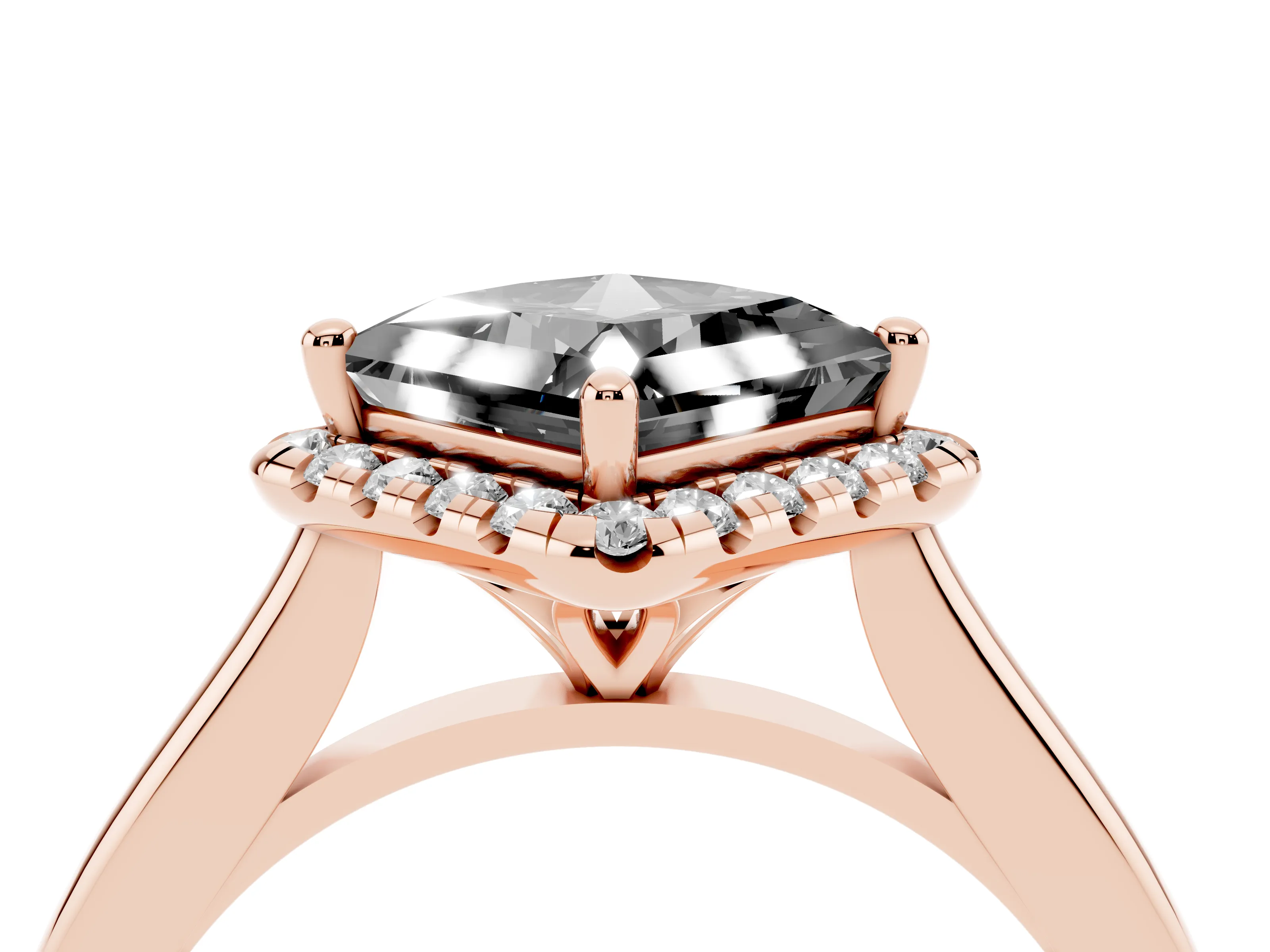 Fancy Black Princess Cut Diamond Halo Engagement Ring Set in Rose gold with Pavé Band and Rising Shoulders