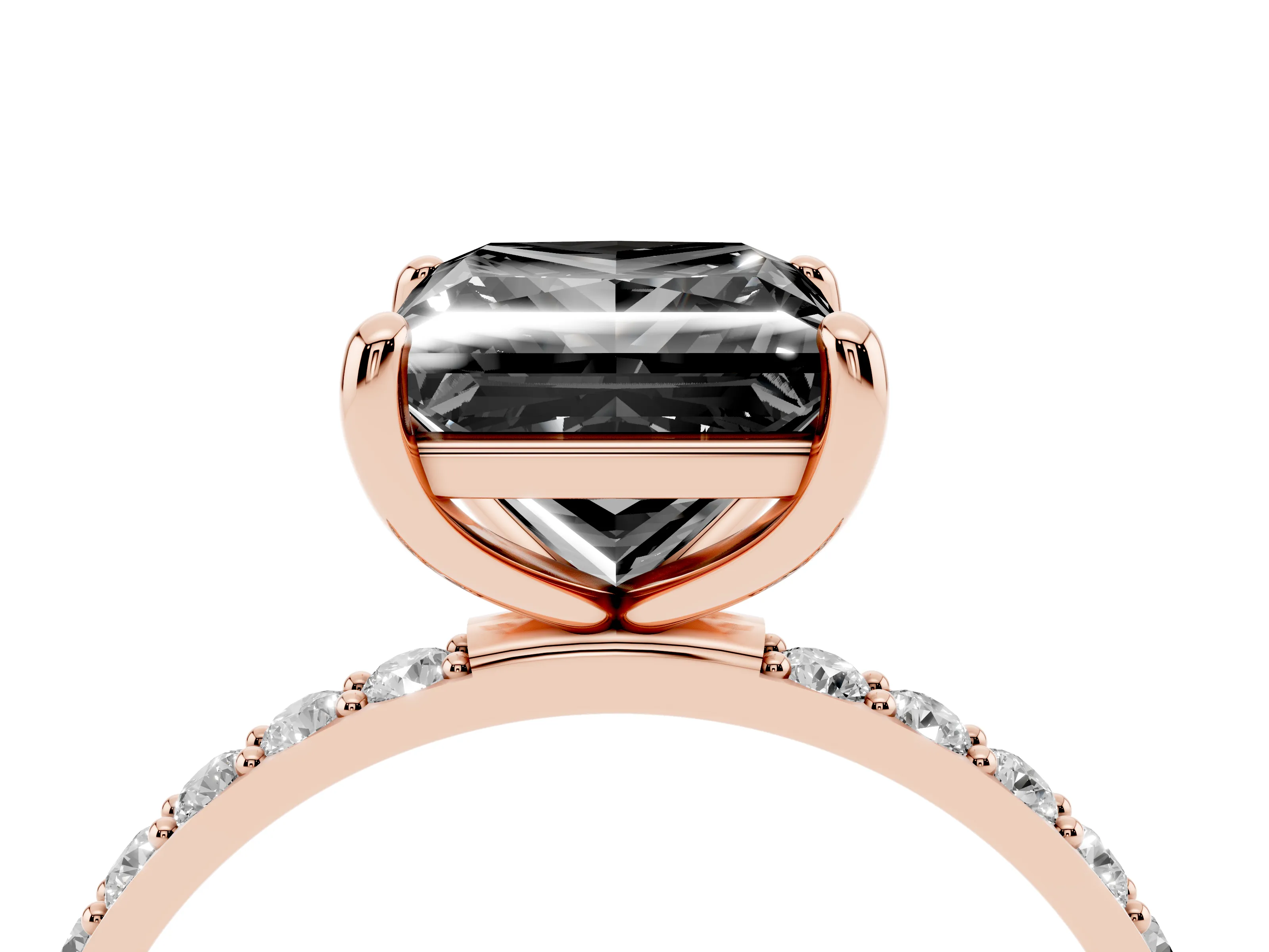Fancy Black Princess Cut Diamond Solitaire Ring Set in Rose gold with Round Pavé Band and Prong Setting