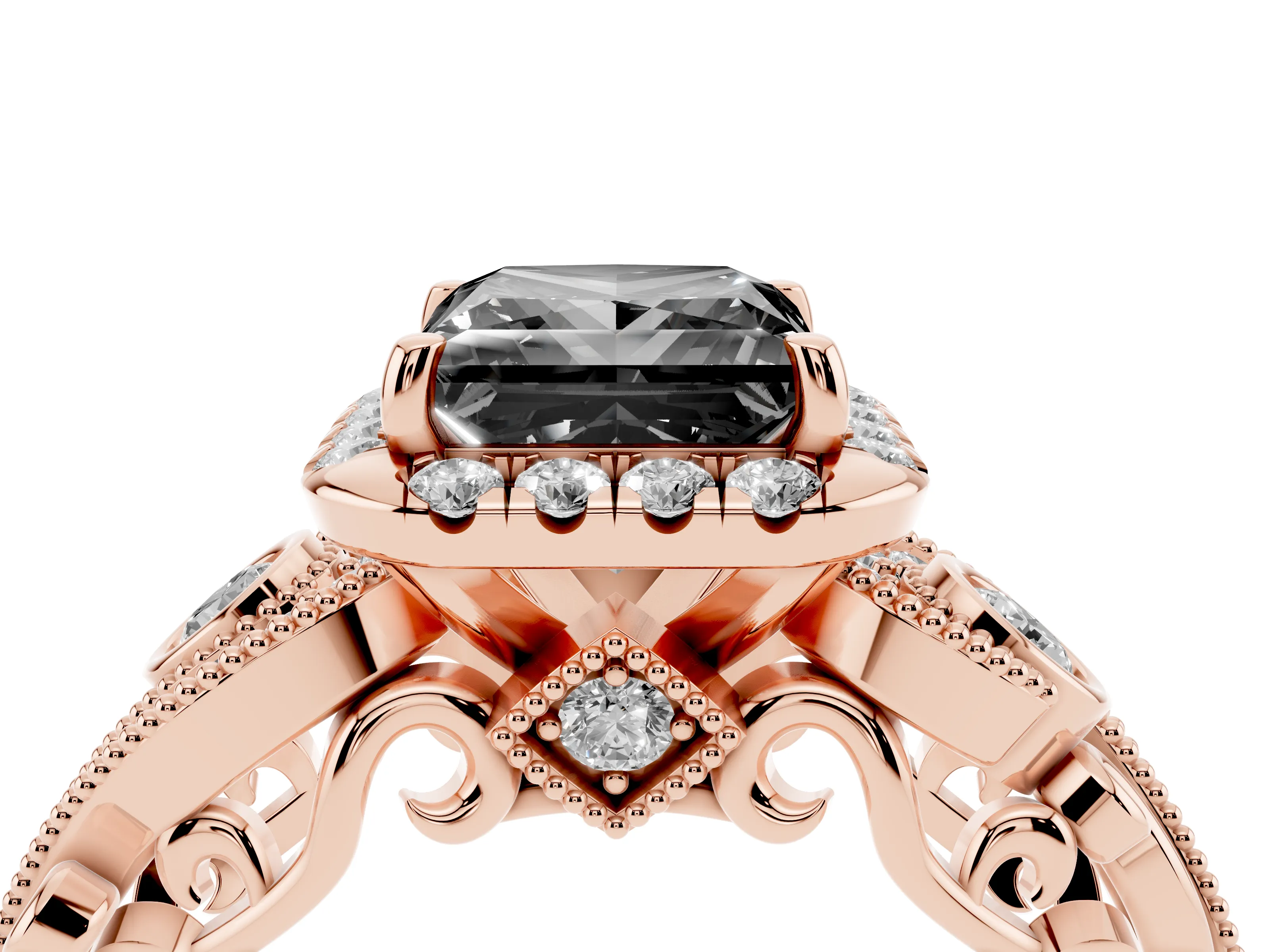 Fancy Black Princess Cut Diamond Halo Split Shank Ring Set in Rose gold with Milgrain and Bezel Accents