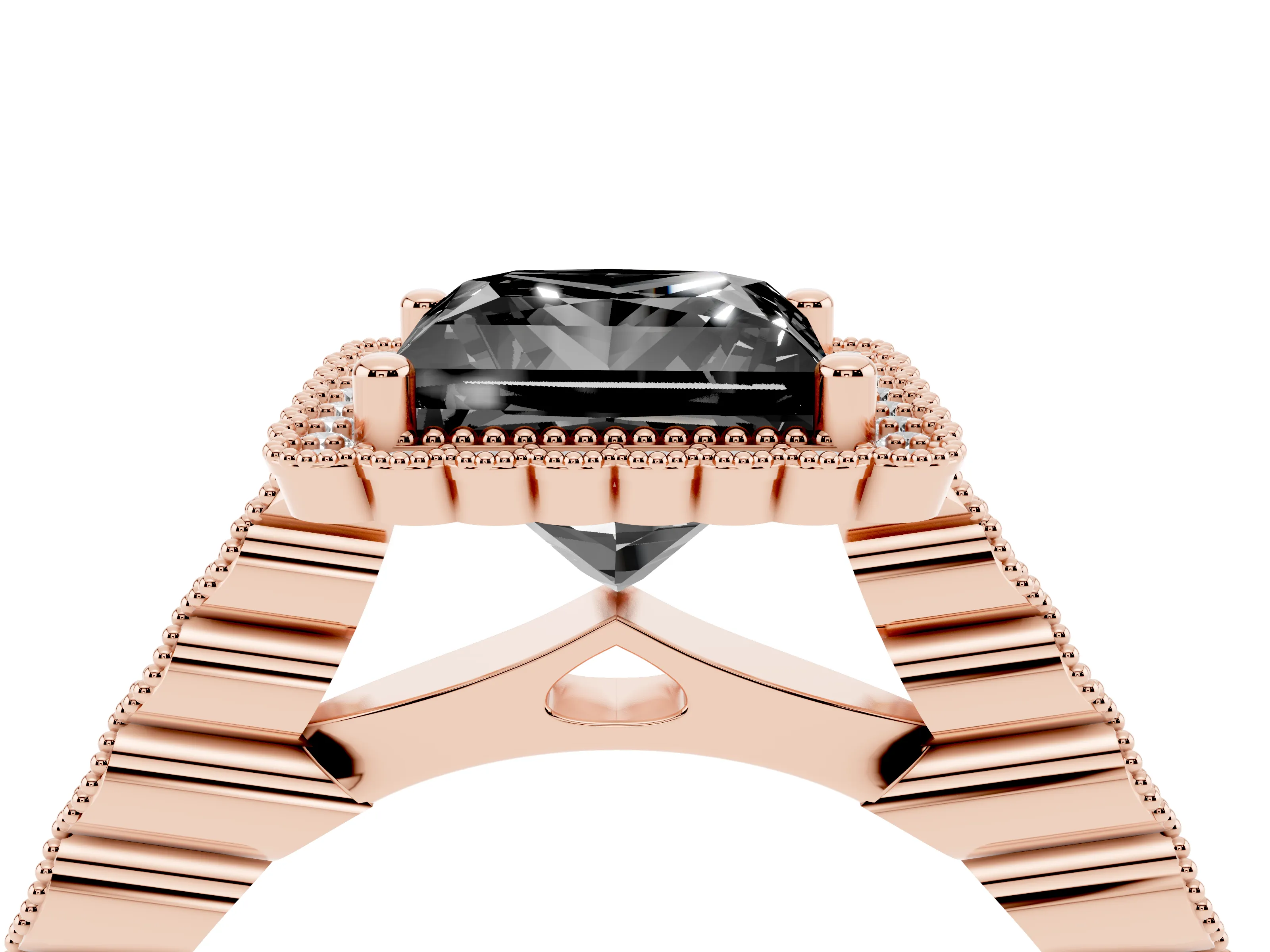 Fancy Black Princess Cut Diamond Halo Ring Set in Rose gold with Pavé Milgrain Band