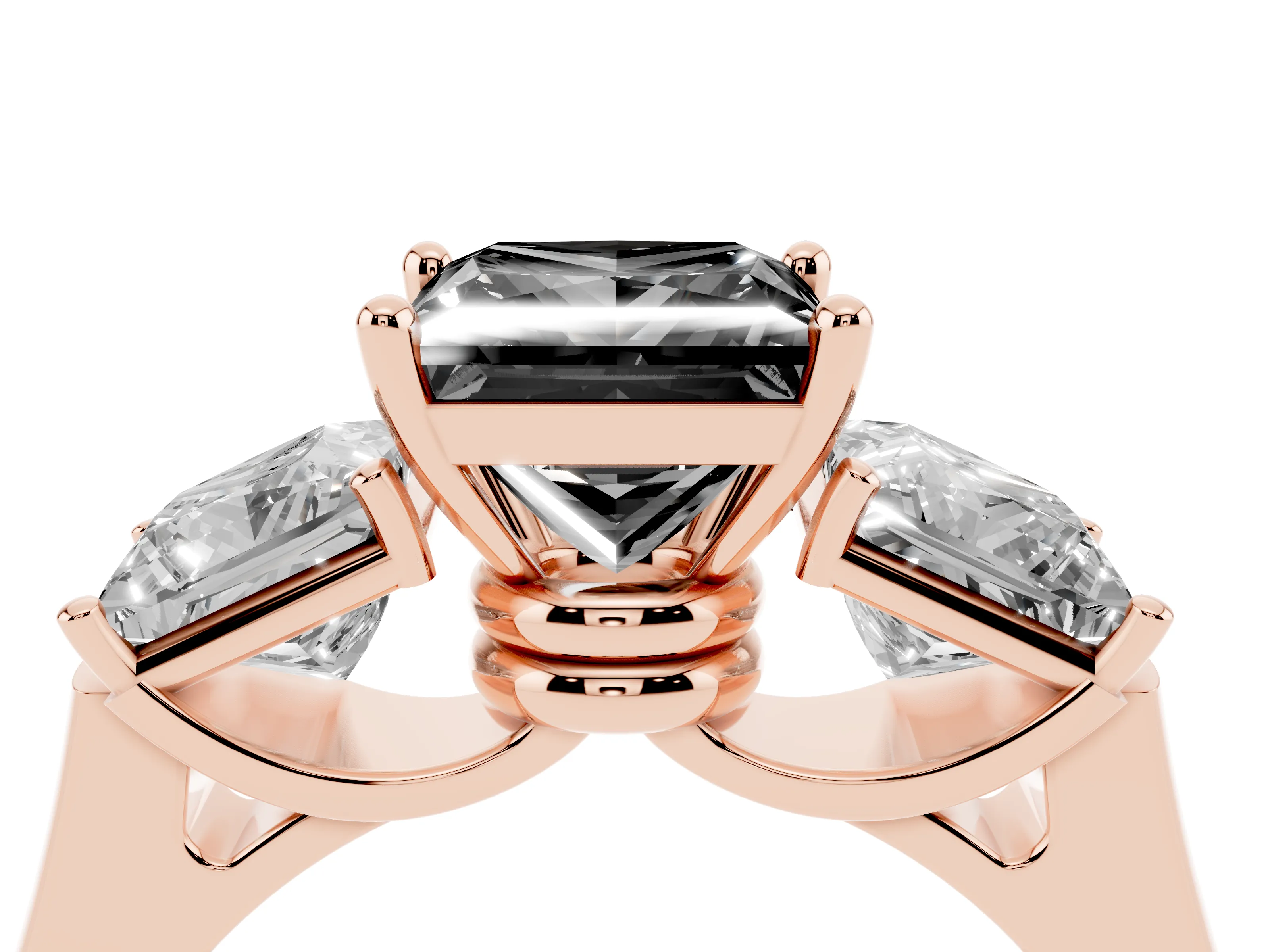 Fancy Black Princess Cut Diamond Three-Stone Trellis Ring Set in Rose gold with Comfort Fit Band