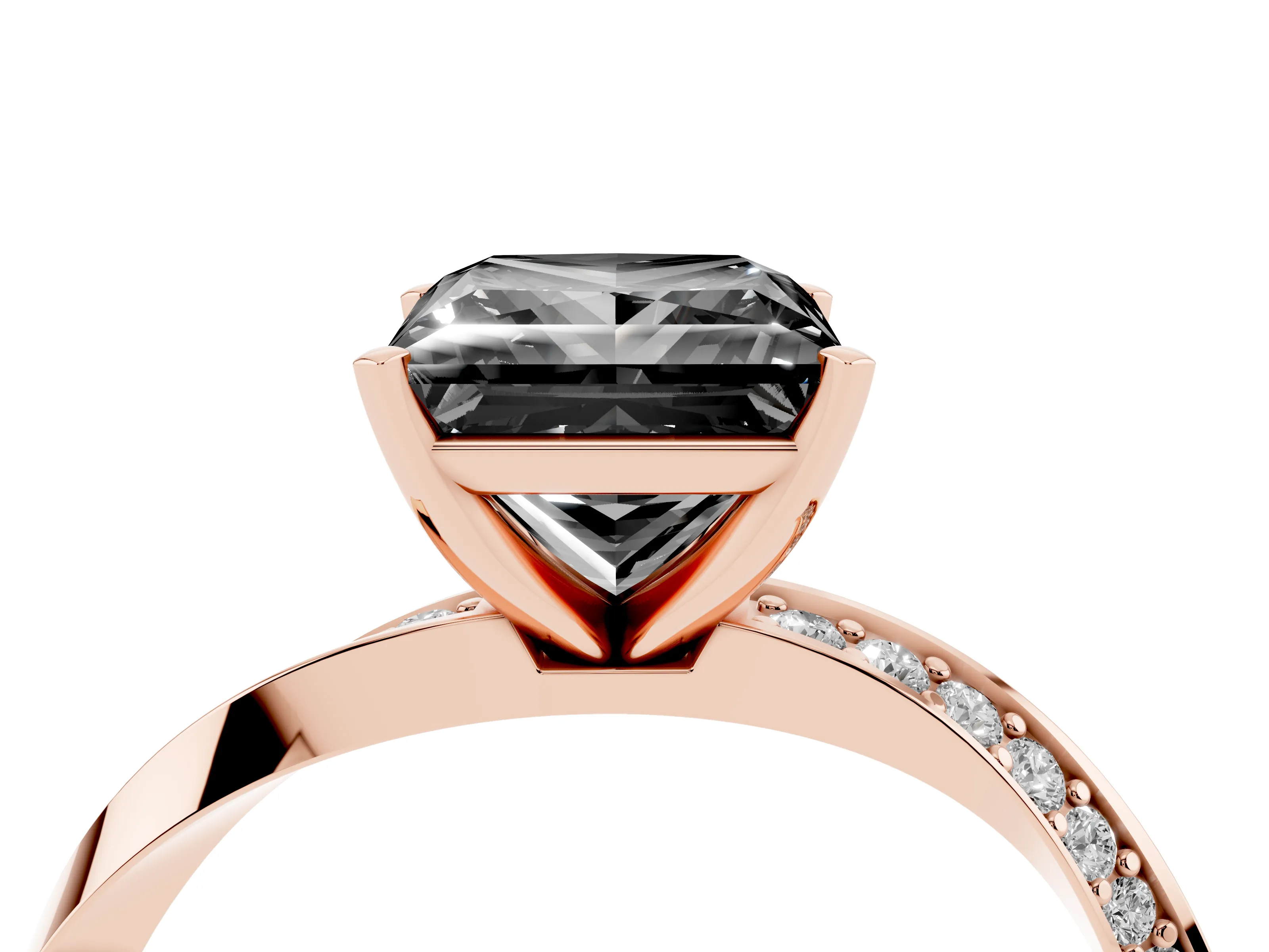 Fancy Black Princess Cut Diamond Engagement Ring Set in Rose gold with Side Stone Accents and Prong Setting