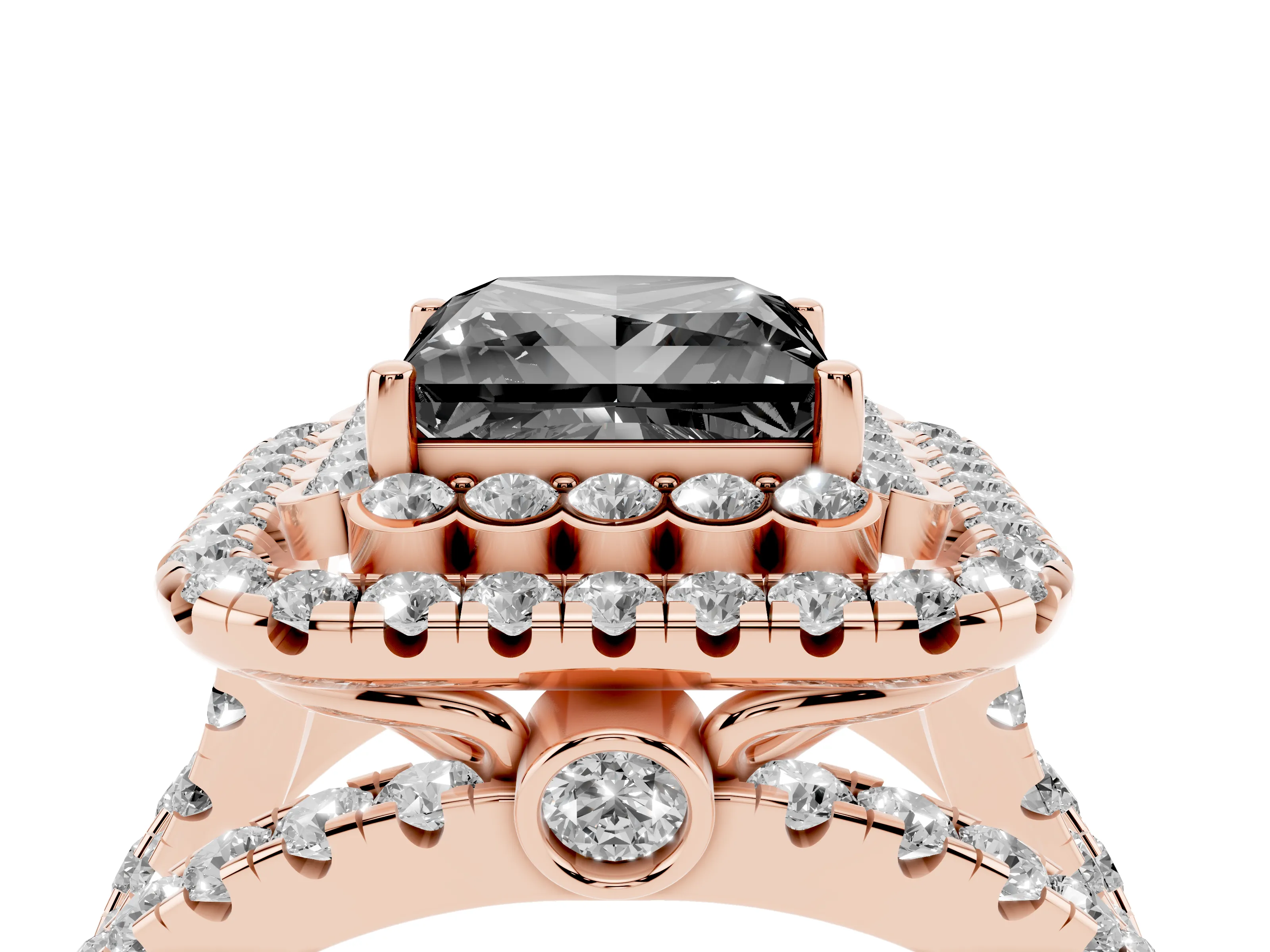 Fancy Black Princess Cut Diamond Double Halo Ring Set in Rose gold with Round Pavé Split Shank