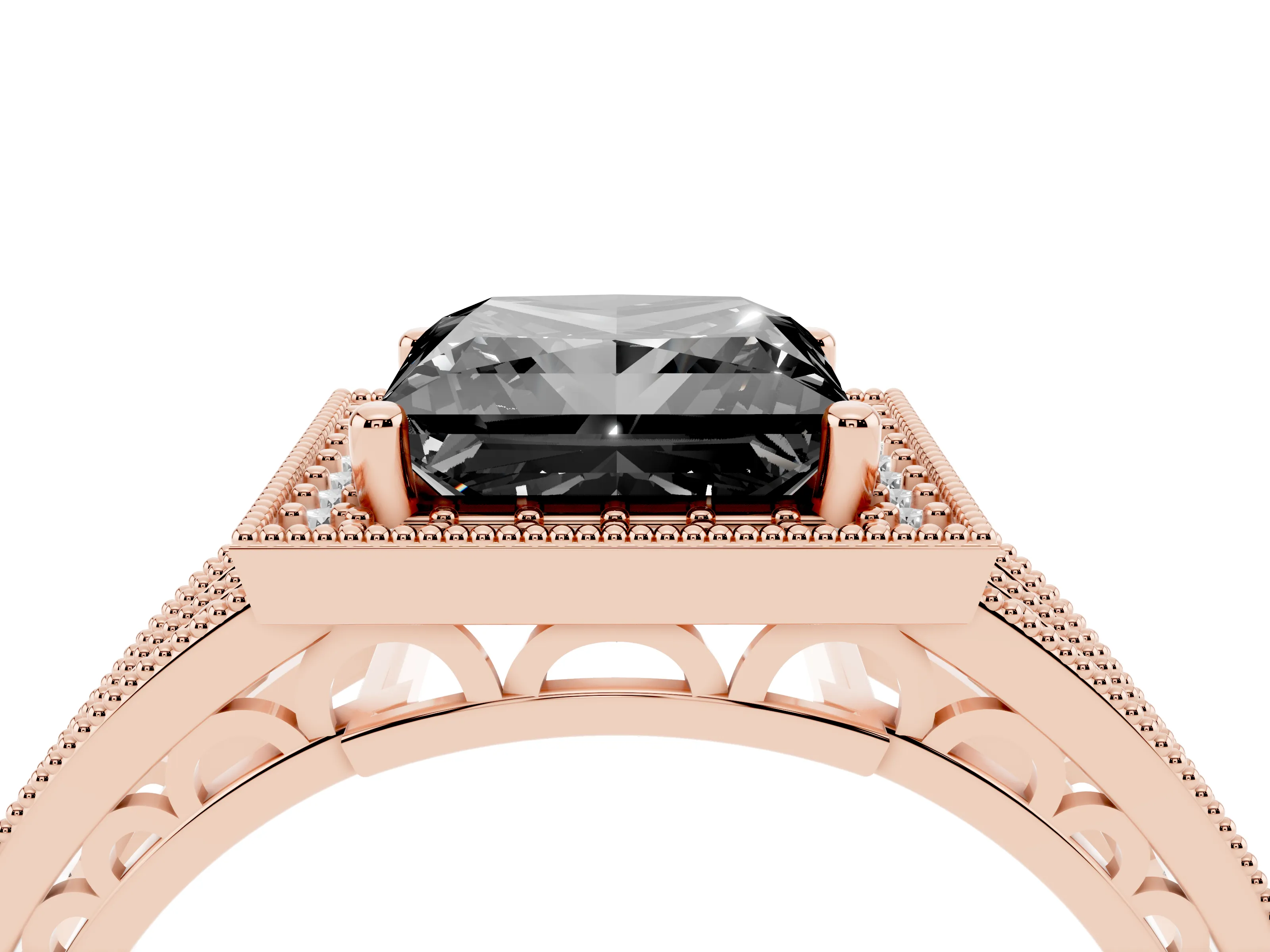 Fancy Black Princess Cut Diamond Halo Ring Set in Rose gold with Accent Split Shank and Prong Setting