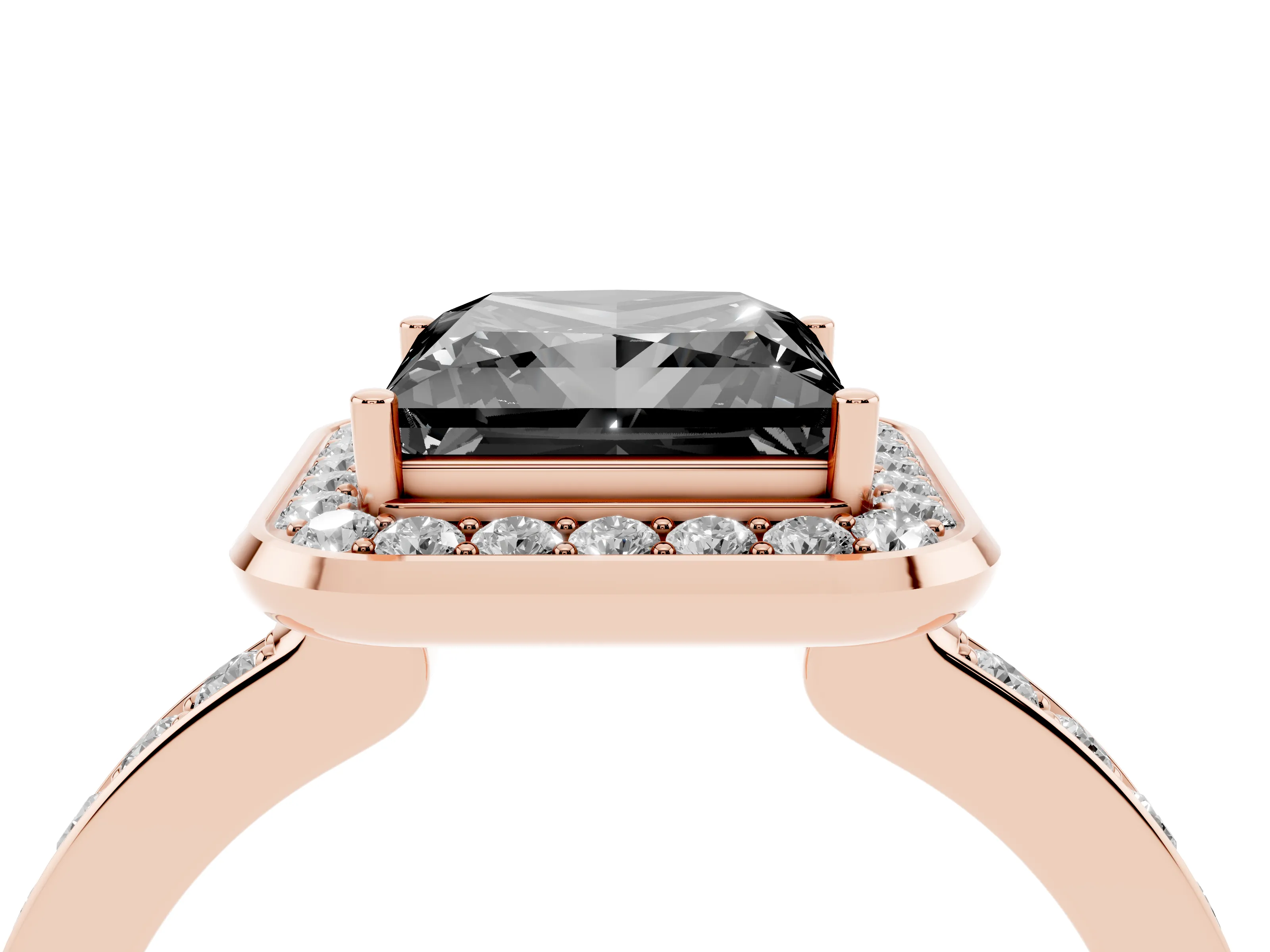 Fancy Black Princess Cut Diamond Halo Ring Set in Rose gold with Bezel Frame and Pavé Band