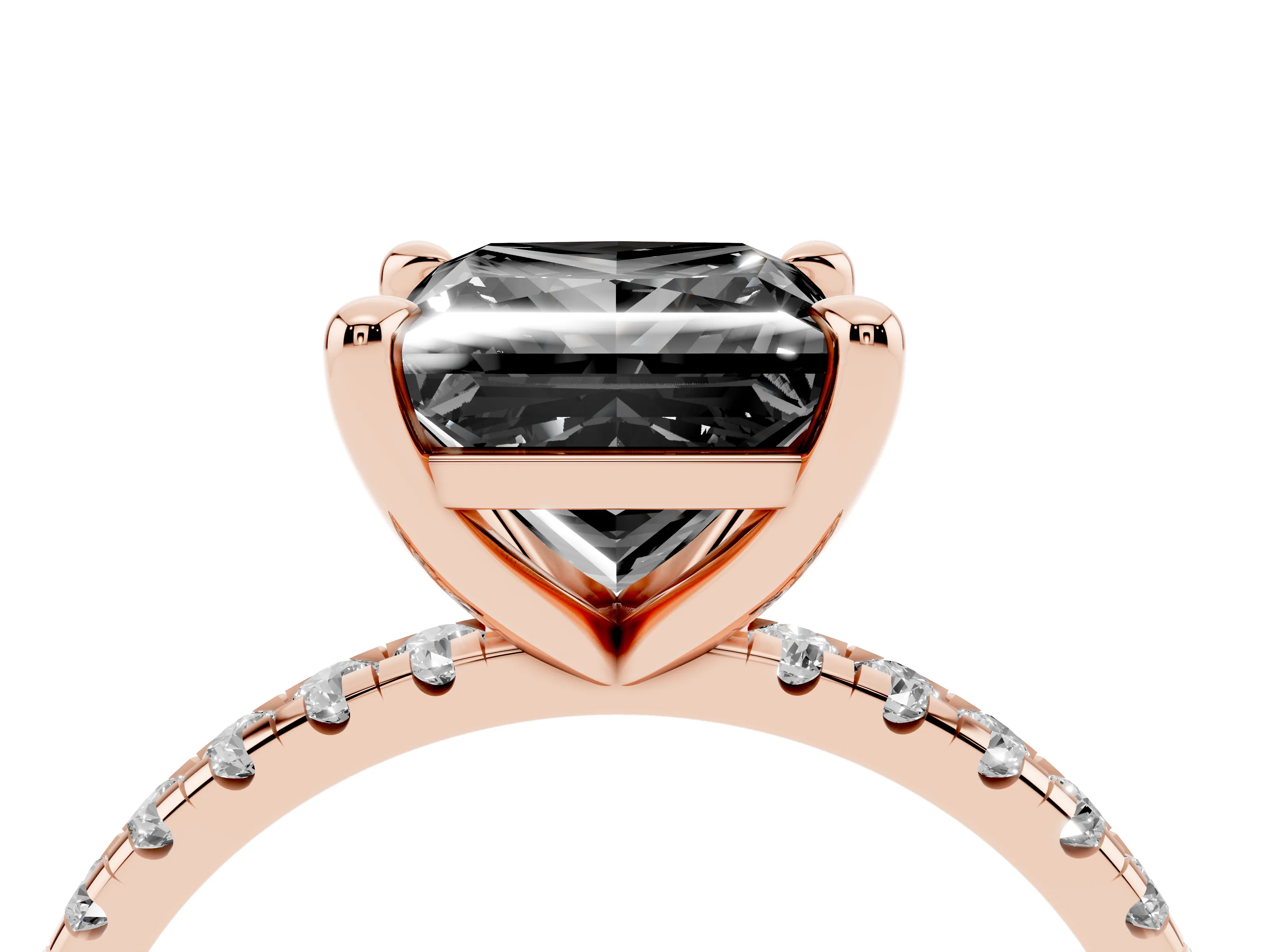 Fancy Black Princess Cut Diamond Brilliant Solitaire Ring Set in Rose gold with Pavé Band and Prong Setting