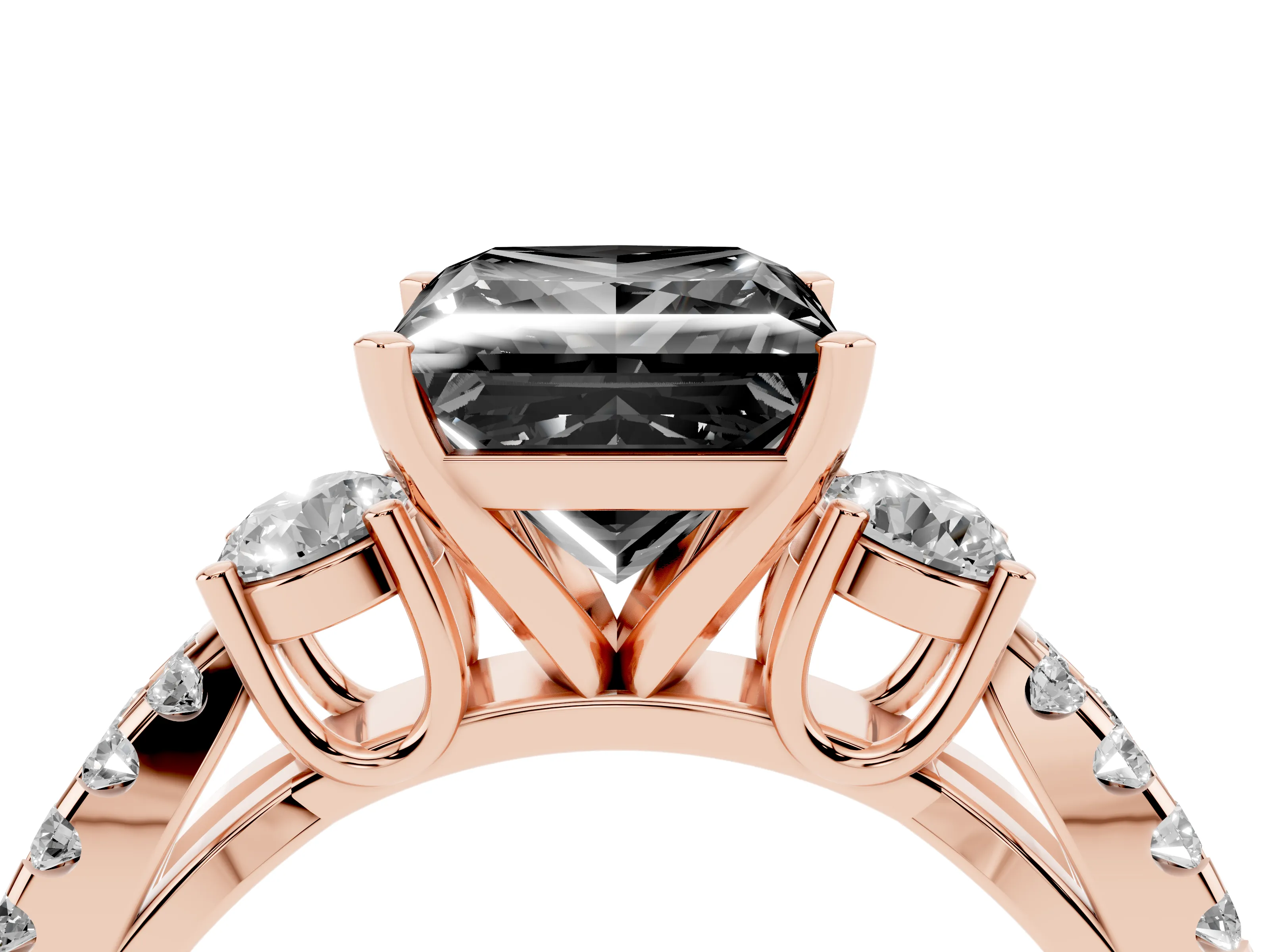 Fancy Black Princess Cut Diamond Three-Stone Ring Set in Rose gold with Pavé Split Shank and Prong Setting