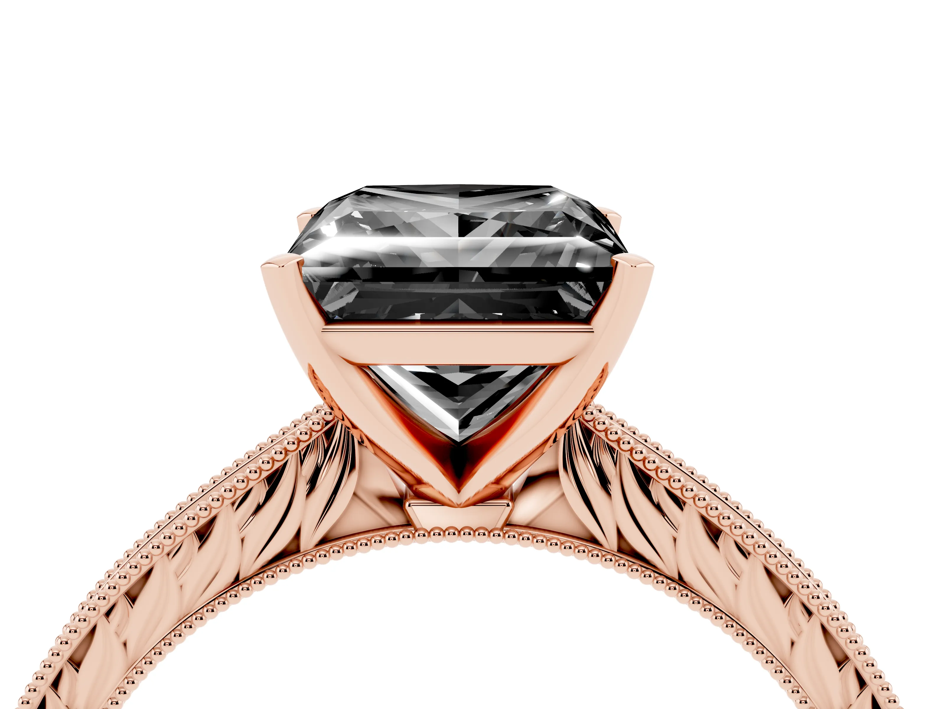Fancy Black Princess Cut Diamond Solitaire Milgrain Engraved Band Set in Rose gold with Prong Setting