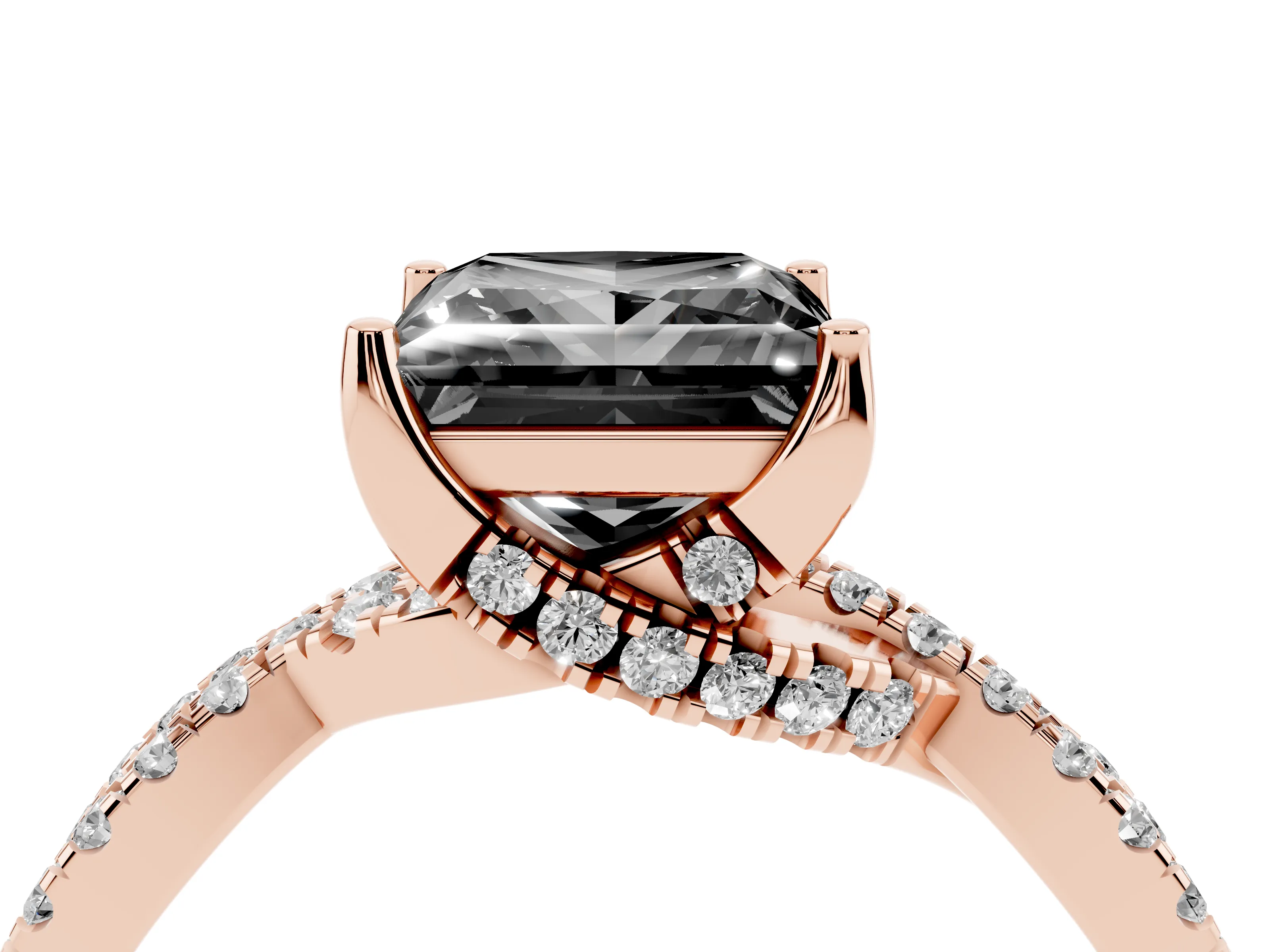 Fancy Black Princess Cut Diamond Twist Pavé Solitaire Engagement Ring Set in Rose gold with Prong Setting