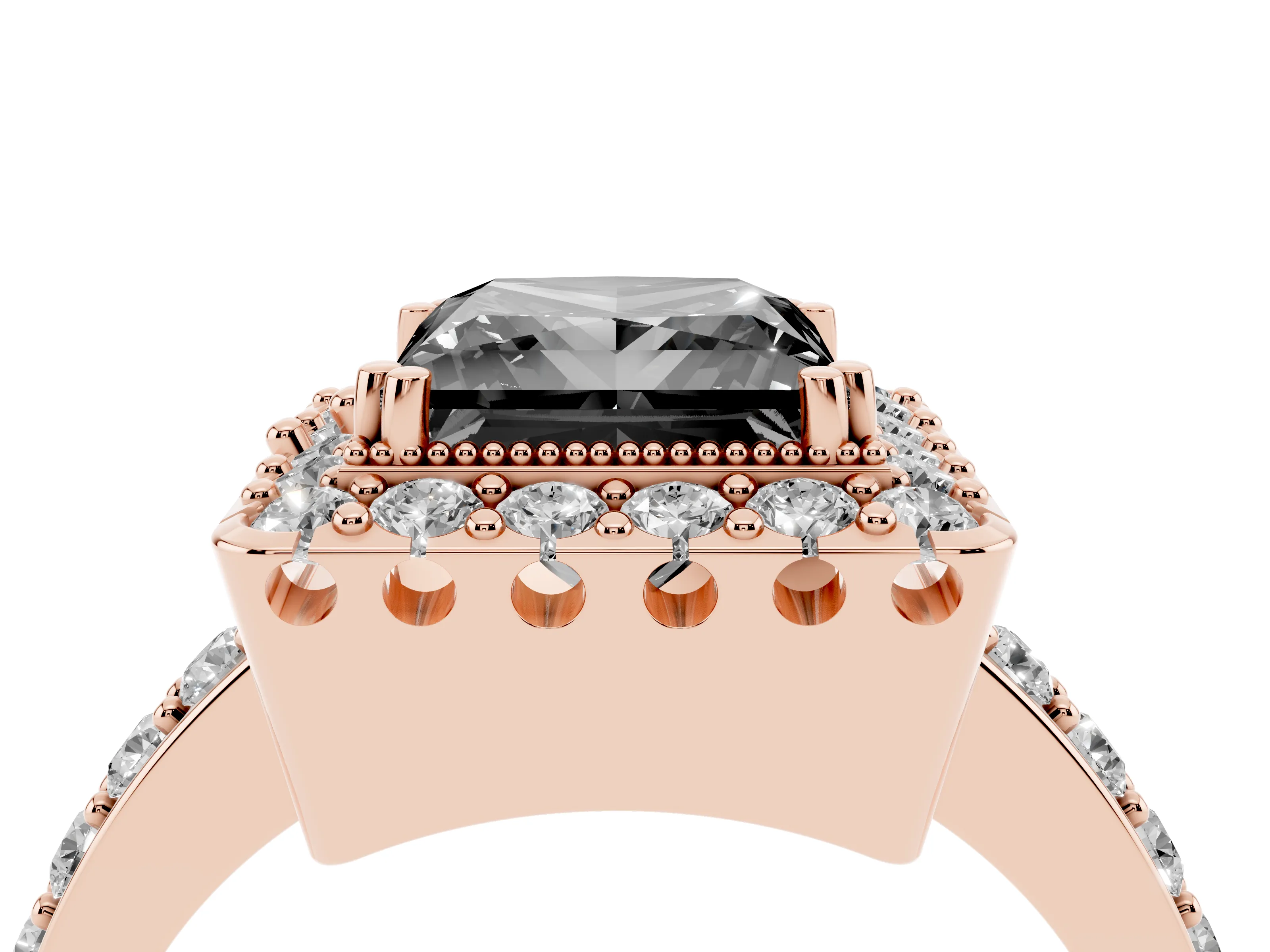 Fancy Black Princess Cut Diamond Halo Ring Set in Rose gold with Pavé Shank and Prong Setting