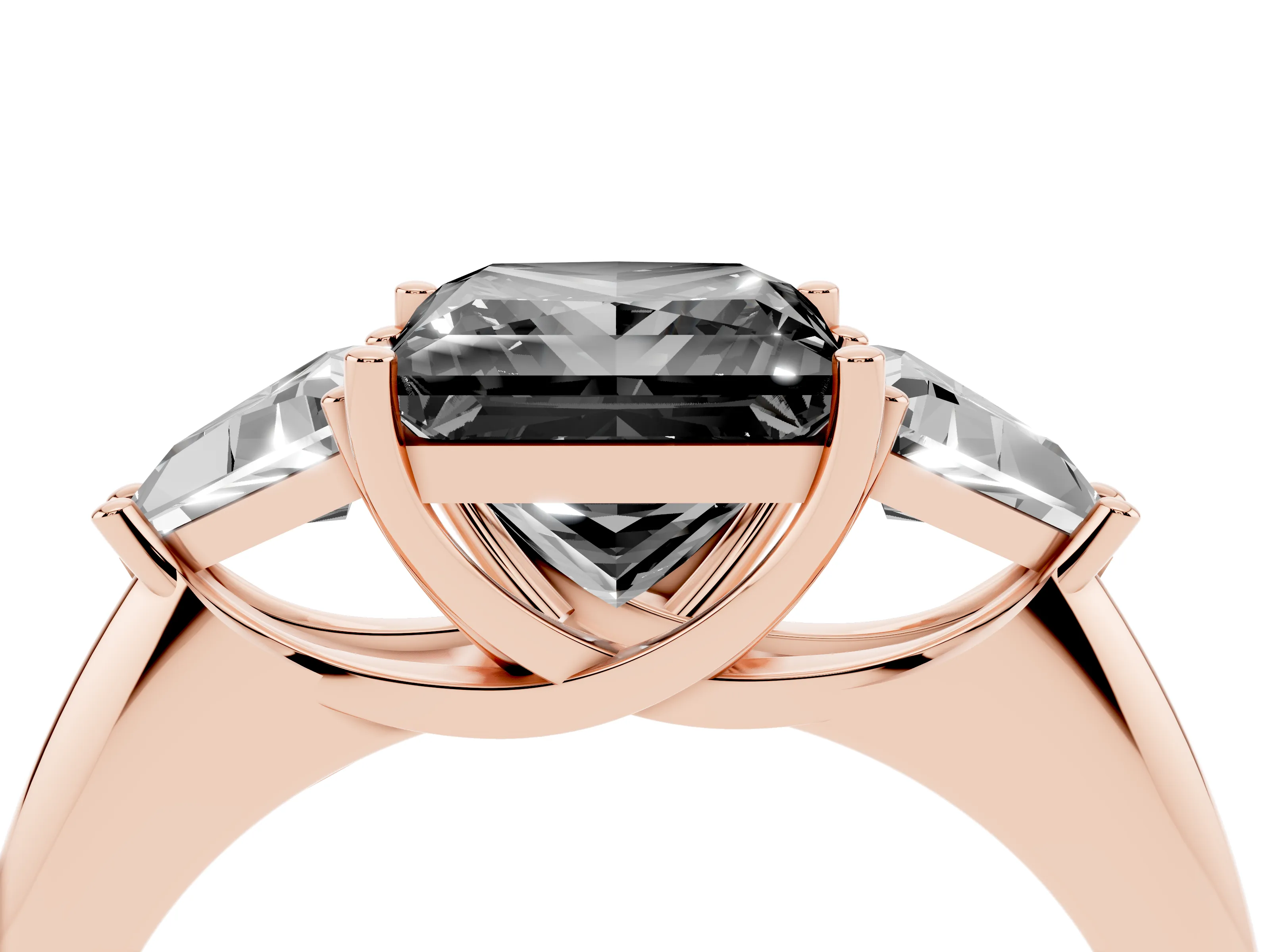 Fancy Black Princess Cut Diamond Three-Stone Engagement Ring Set in Rose gold with Trillion Side Stones