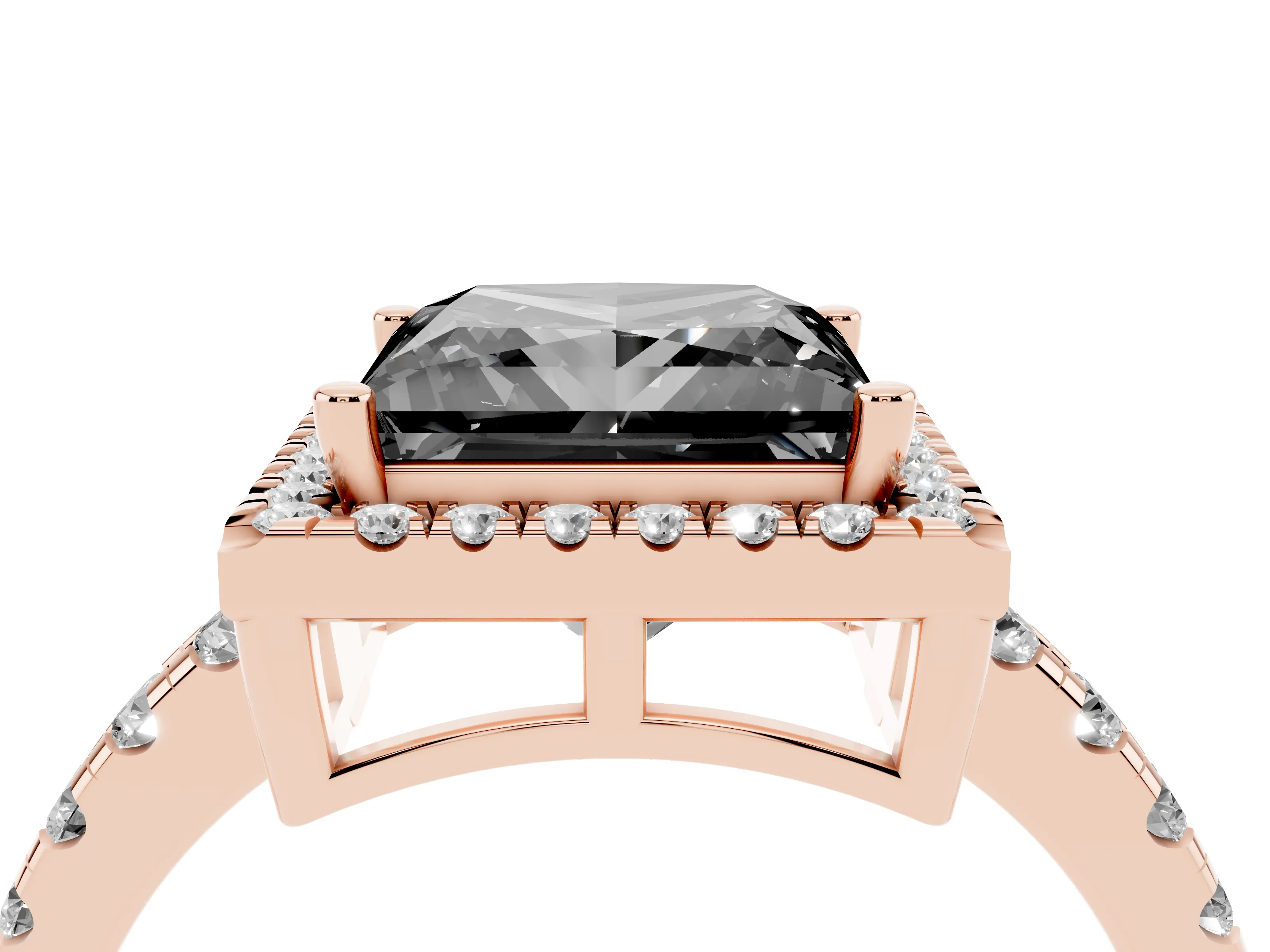 Fancy Black Princess Cut Diamond Halo Ring Set in Rose gold with Delicate Pavé Band and Prong Setting