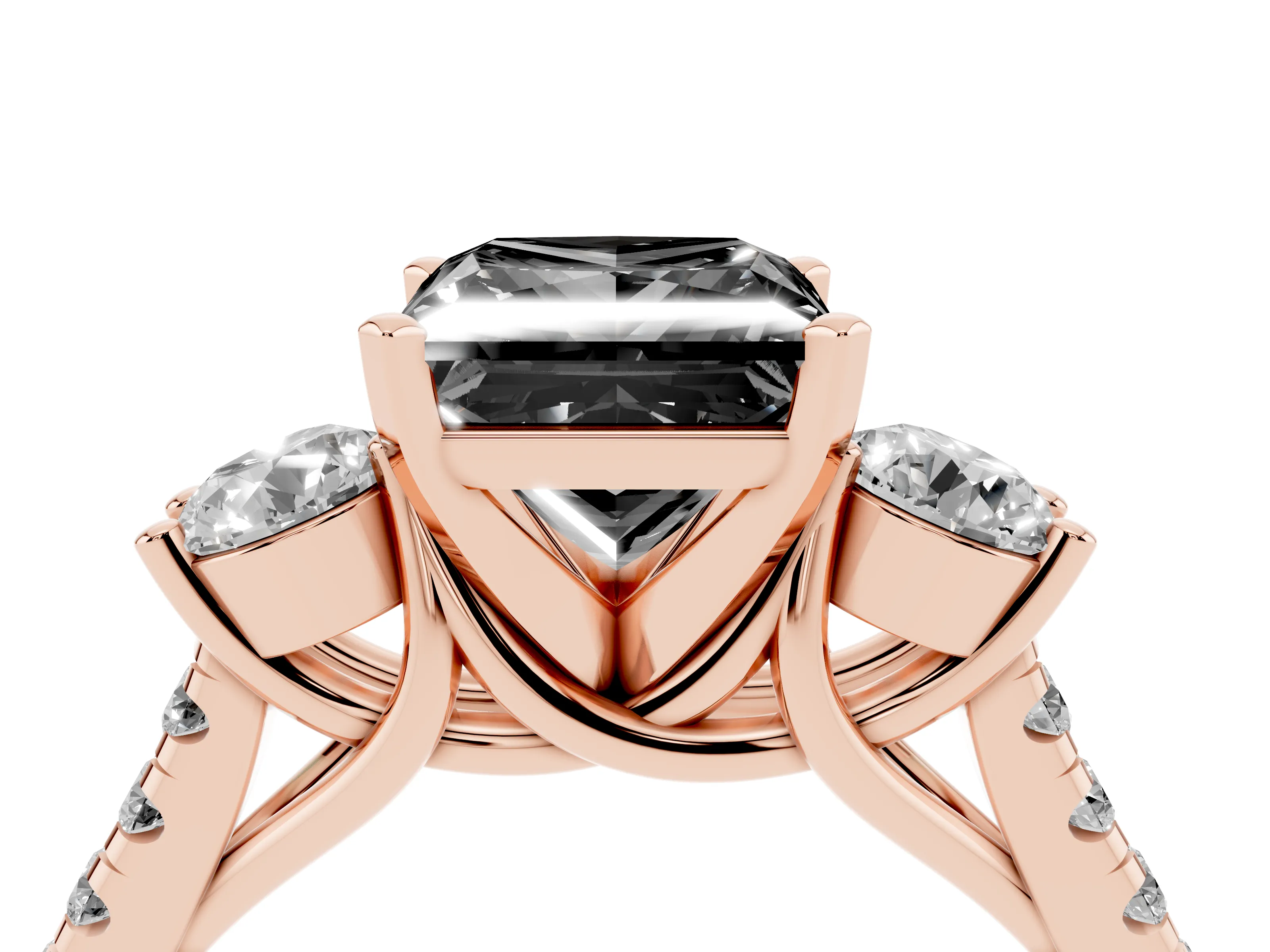 Fancy Black Three-Stone Princess Cut Diamond Pavé Band Ring Set in Rose gold with Prong-Set Trio