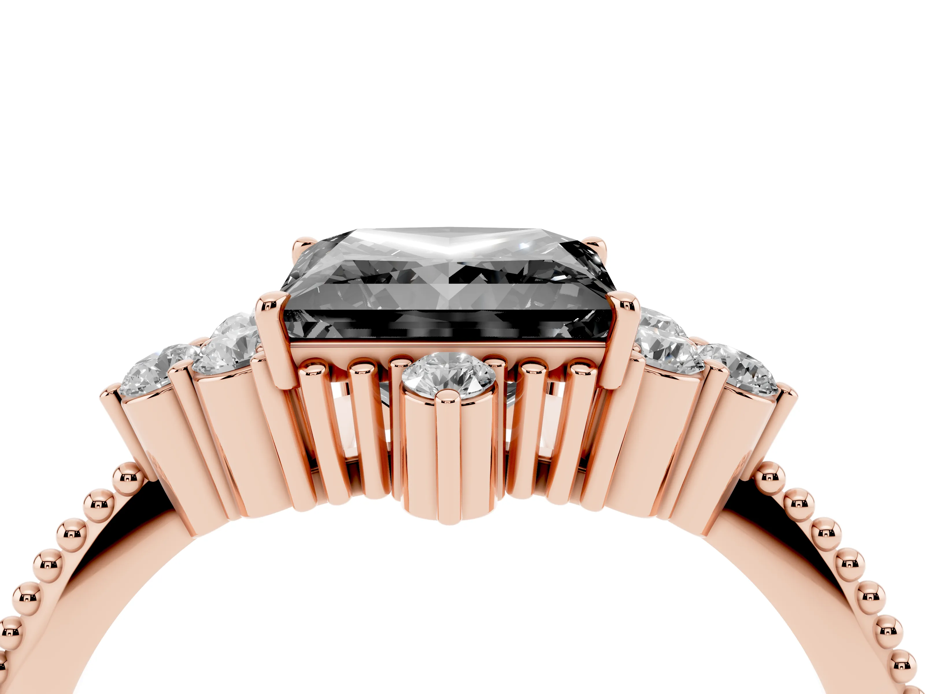 Fancy Black Princess Cut Diamond Cluster Ring Set in Rose gold with Beaded Band